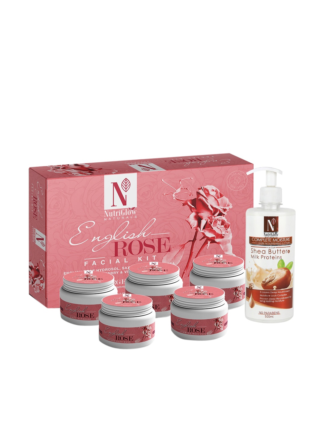 

NutriGlow Naturals English Rose Facial Kit 250g+10ml & Shea Butter Body Lotion 500ml, White
