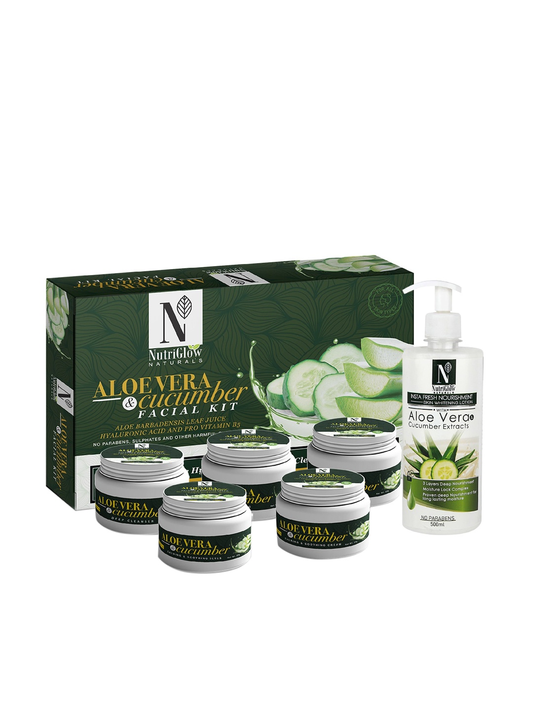 

NutriGlow Naturals Aloe Vera & Cucumber Facial Kit 250g+10ml & Skin Whitening Lotion 500ml, White