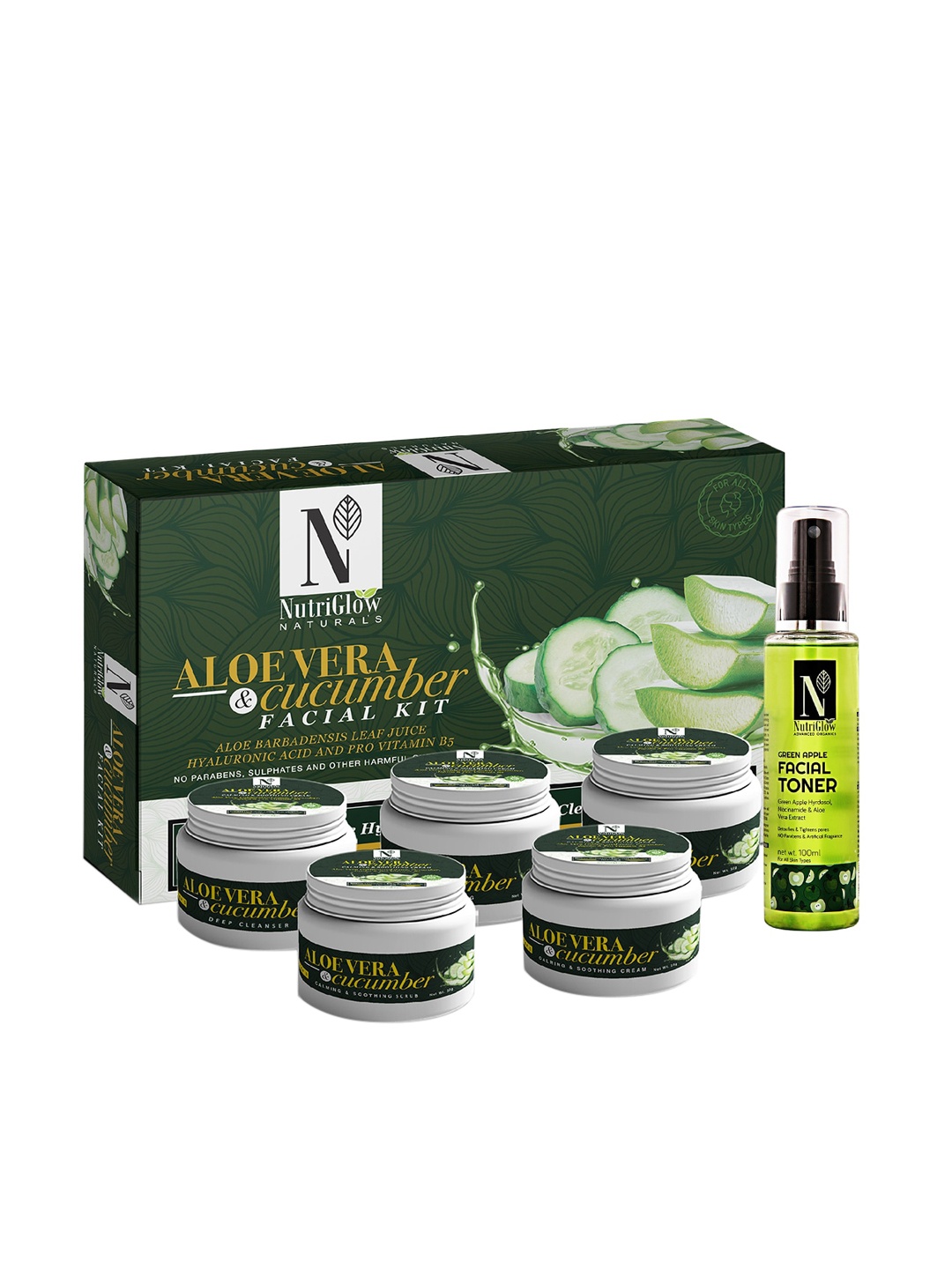 

NutriGlow Naturals Aloe Vera & Cucumber Facial Kit 250g+10ml with Green Apple Toner 100ml, White