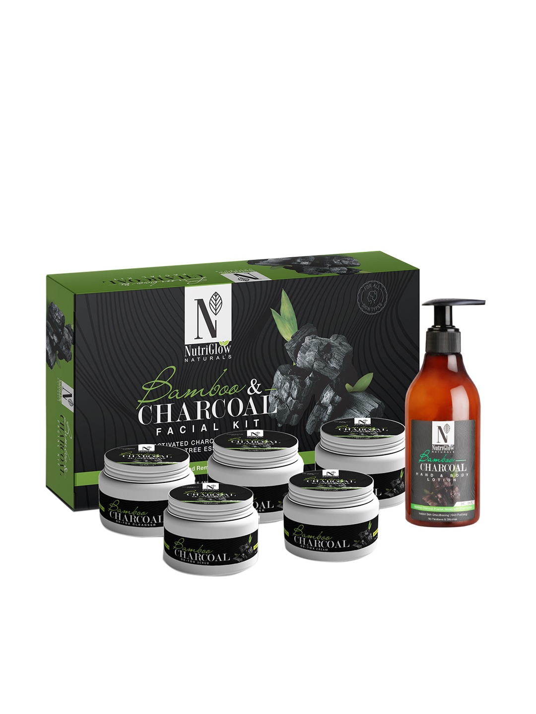 

NutriGlow Naturals Bamboo Charcoal Facial Kit 250 g + 10 ml Hand Body Lotion 150 ml, White