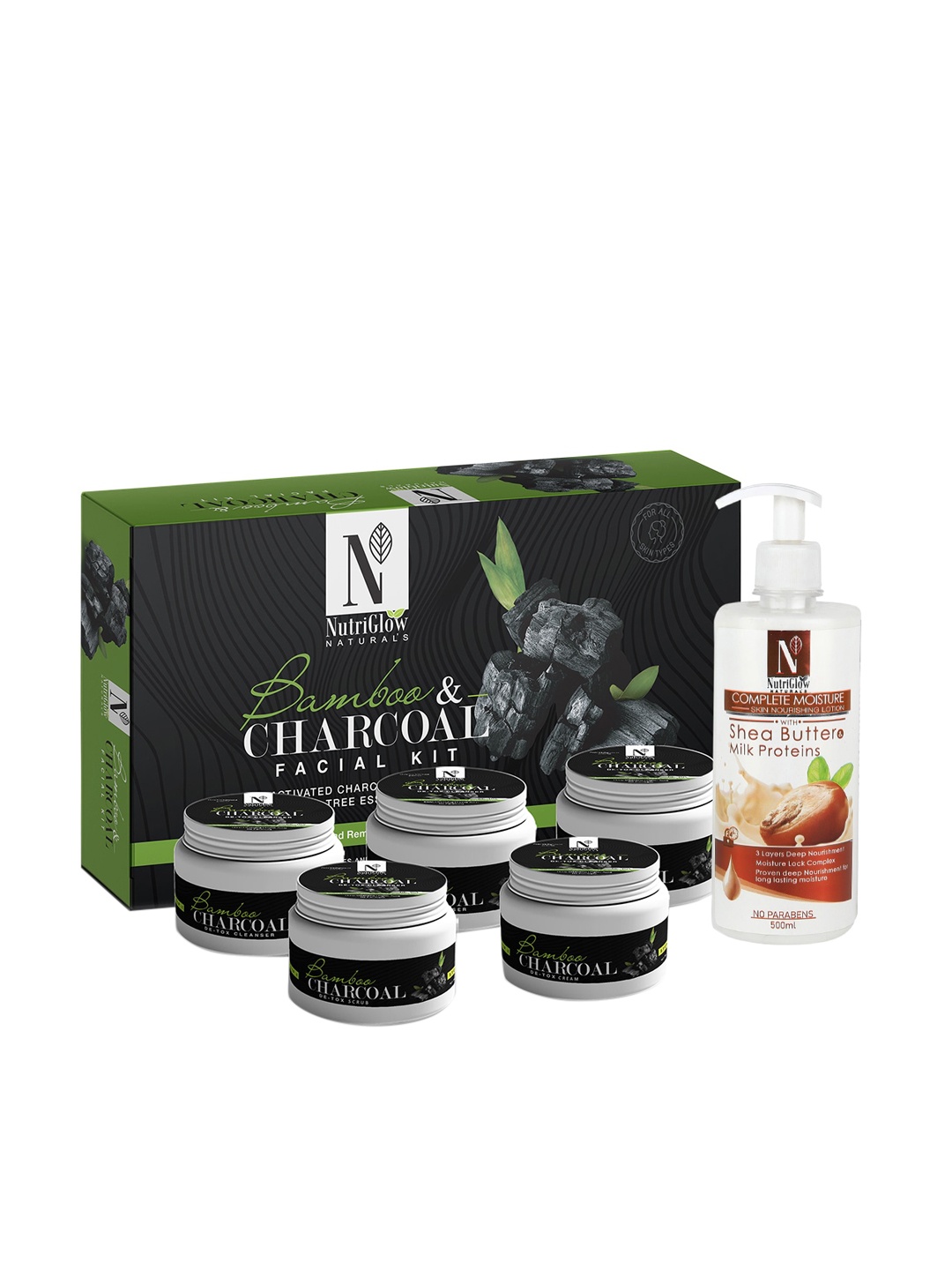 

NutriGlow Naturals Bamboo Charcoal Facial Kit 250g+10ml & Shea Butter Body Lotion 500ml, White