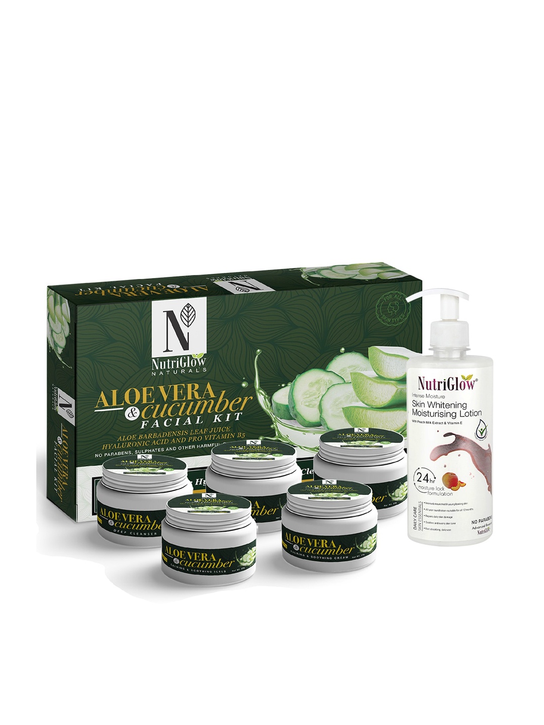 

NutriGlow Naturals Aloevera & Cucumber Facial Kit 250g+10ml & Skin Whitening Lotion 500ml, White