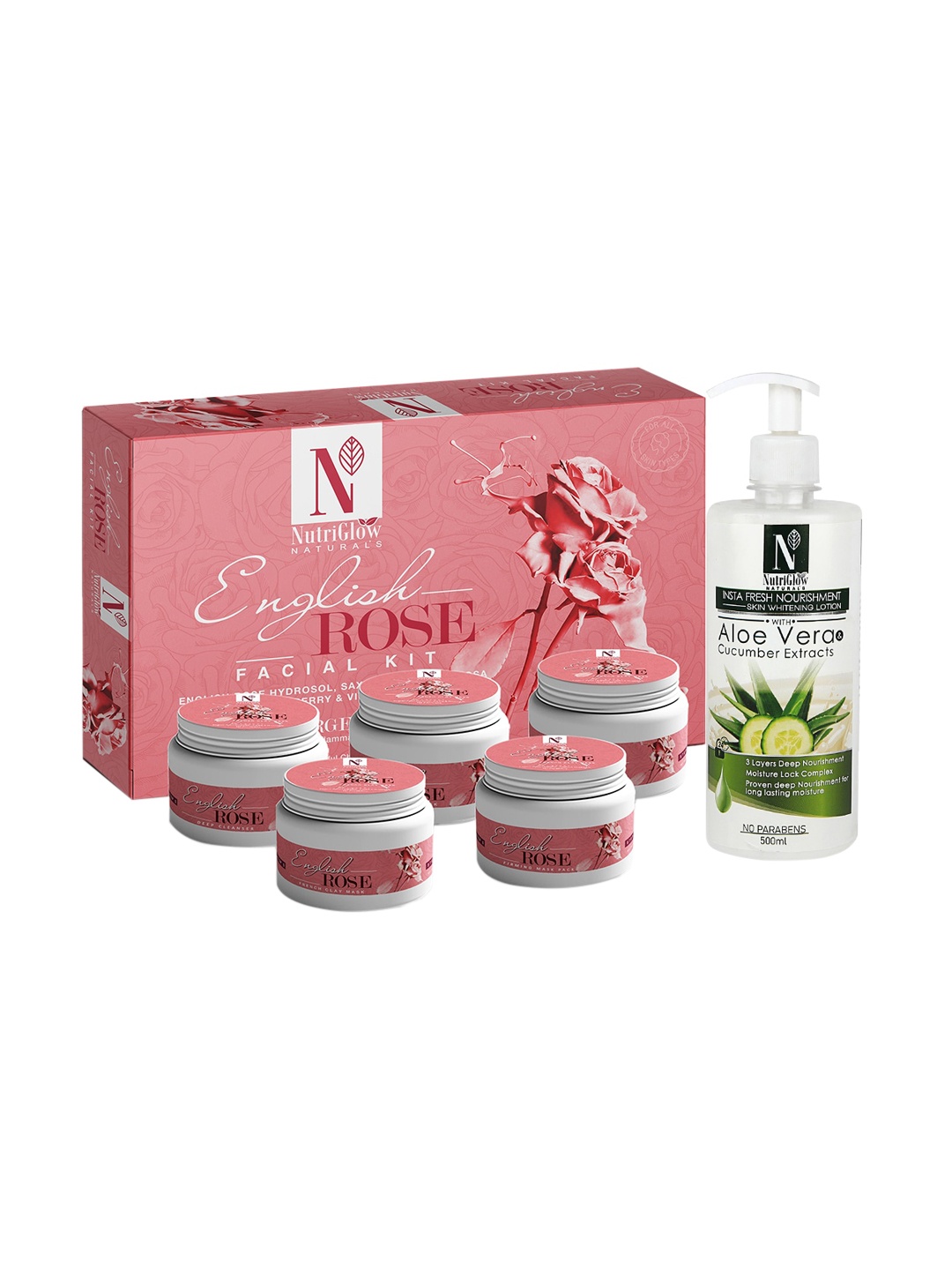 

NutriGlow Naturals English Rose Facial Kit 250g+10ml & Skin Whitening Body Lotion 500ml, White