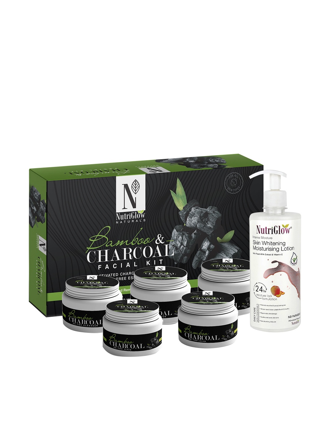 

NutriGlow Naturals Bamboo Charcoal Facial Kit -260 gm & Intense Moisturizer -500 ml, White