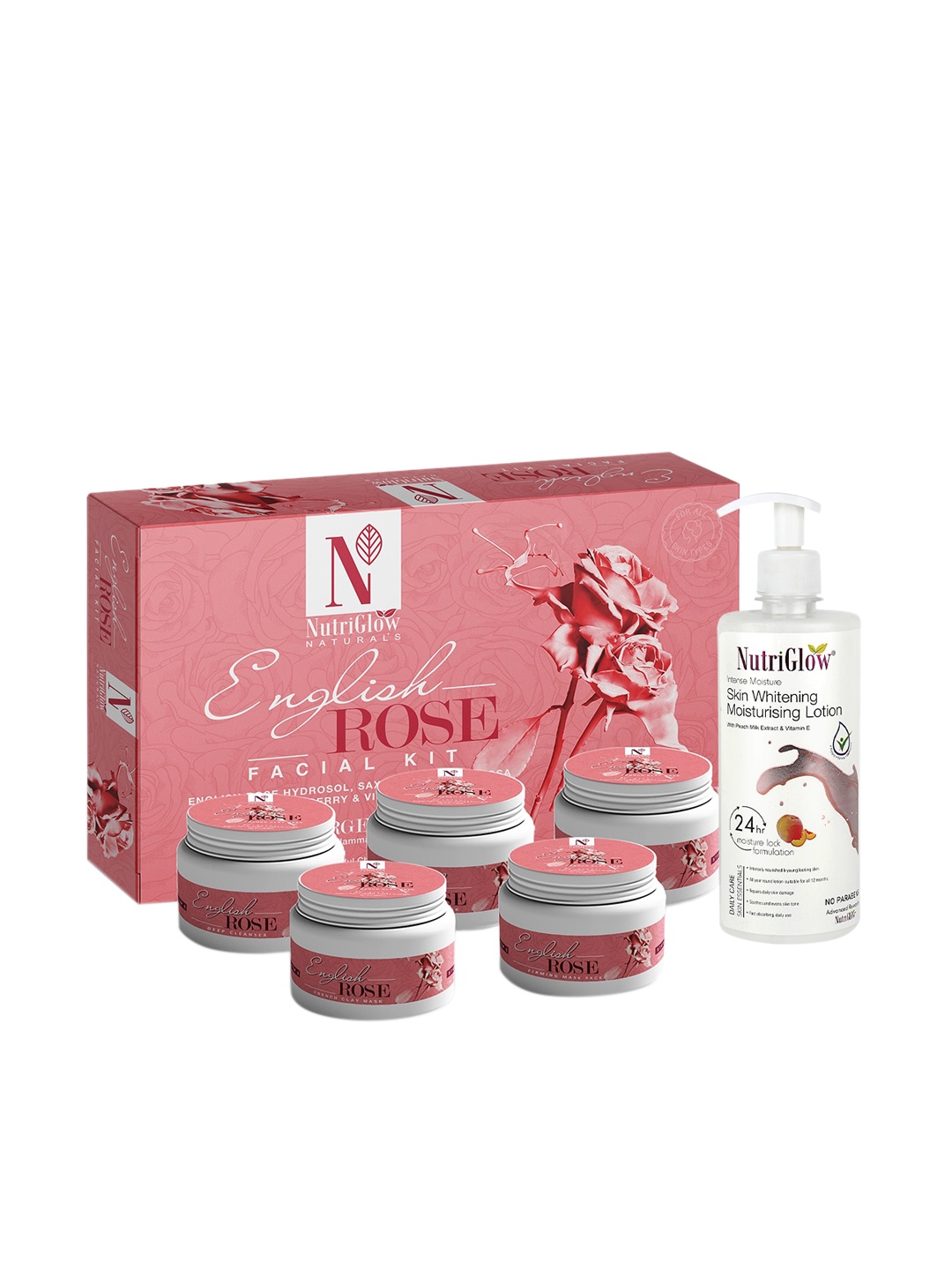 

NutriGlow Naturals English Rose Facial Kit 250g+10ml & Skin Whitening Moisturising Lotion 500ml, White