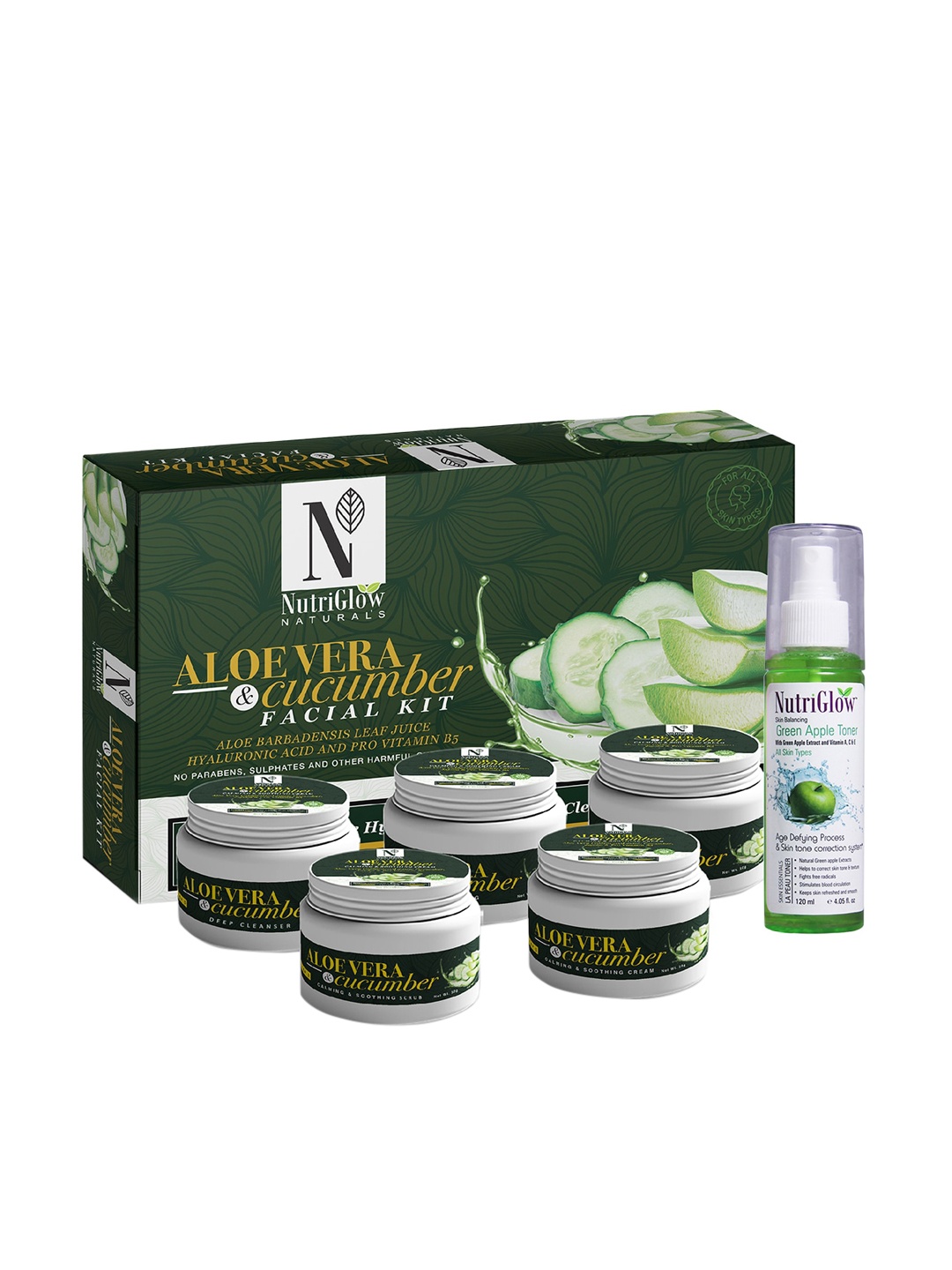 

NutriGlow Naturals Aloe Vera Cucumber Facial Kit 250g + 10ml Green Apple Toner 120ml, White