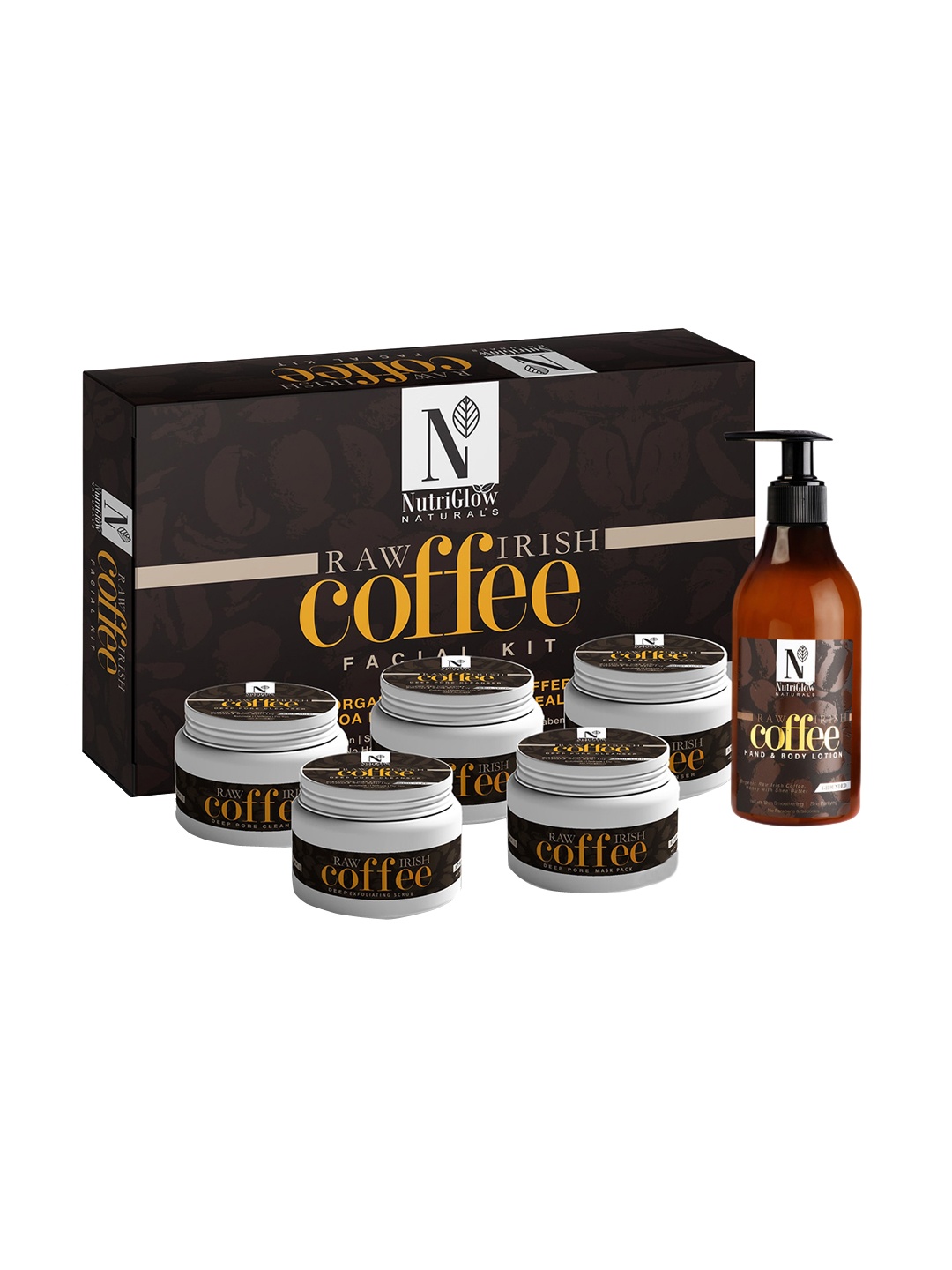 

NutriGlow Naturals Sustainable Coffee Facial Kit 250 g + 10 ml Coffee Hand Body Lotion 150 ml, White