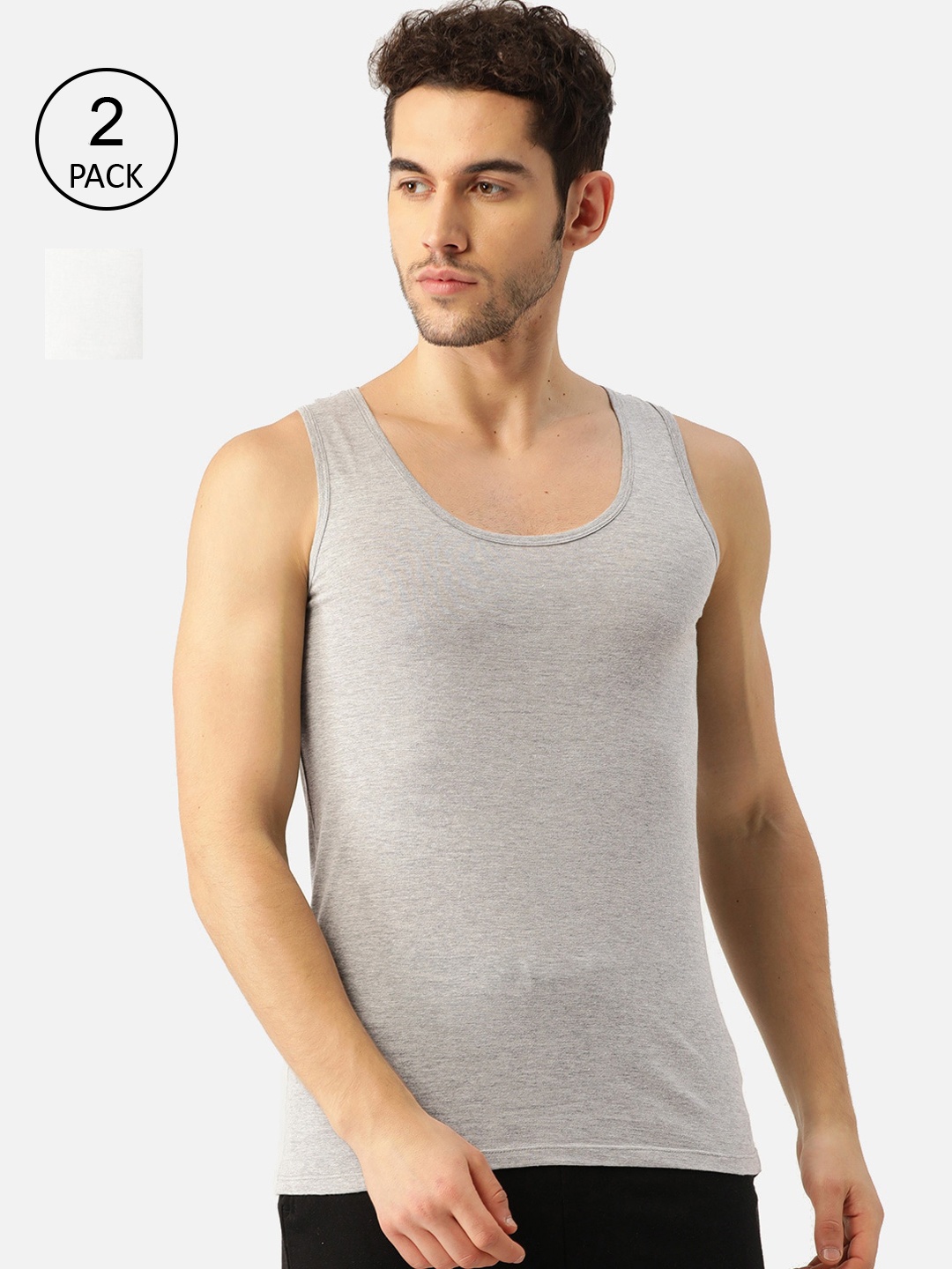 

ROMEO ROSSI Men Set Of 2 Grey & White Solid Innerwear Vests CSVP-6001-WH-GM-2_S