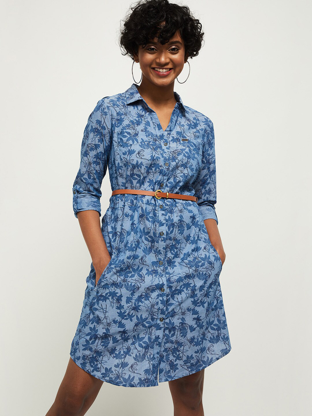 

max Blue & Black Floral Pure Cotton Shirt Dress