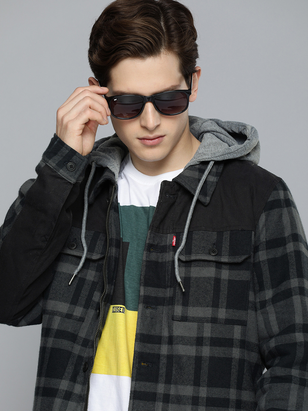 

Levis Men Grey And Navy Blue Checked Hooded Tailored Jacket