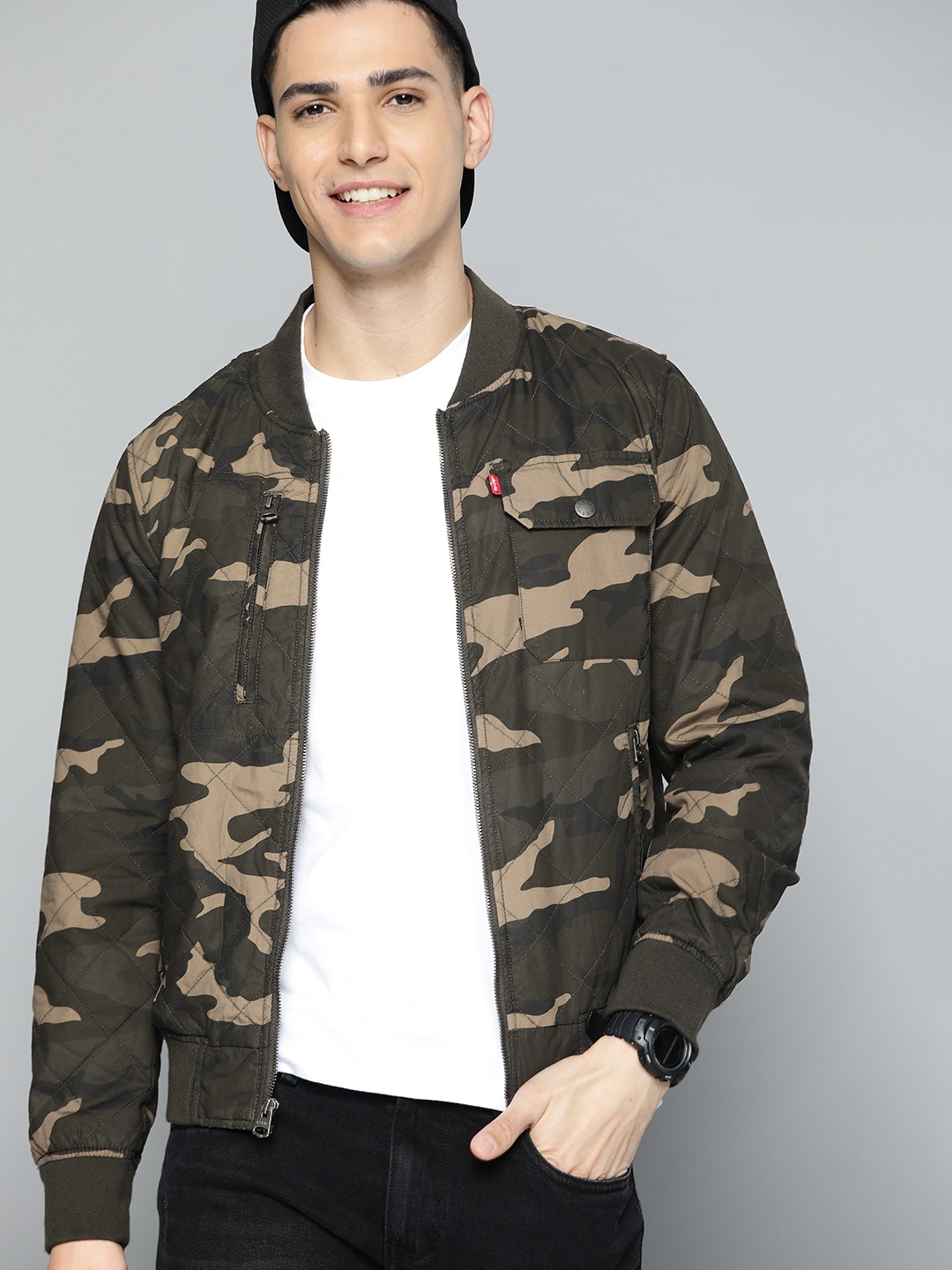 

Levis Men Olive Green Beige Camouflage Printed Quilted Jacket