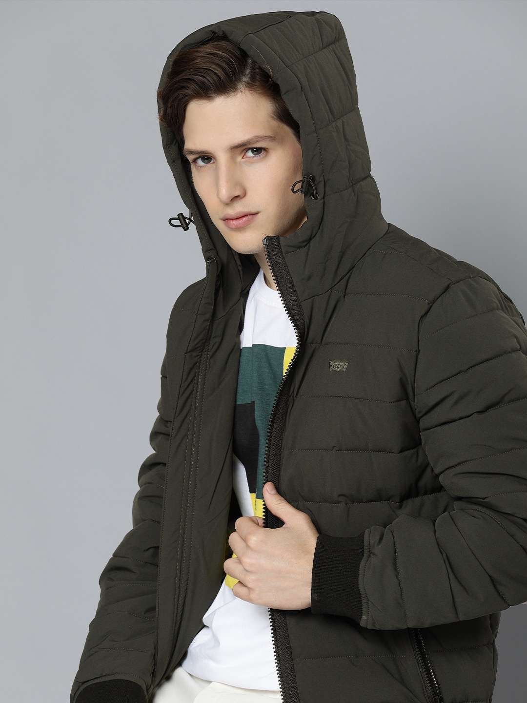 

Levis Men Olive Green Solid Hooded Puffer Jacket