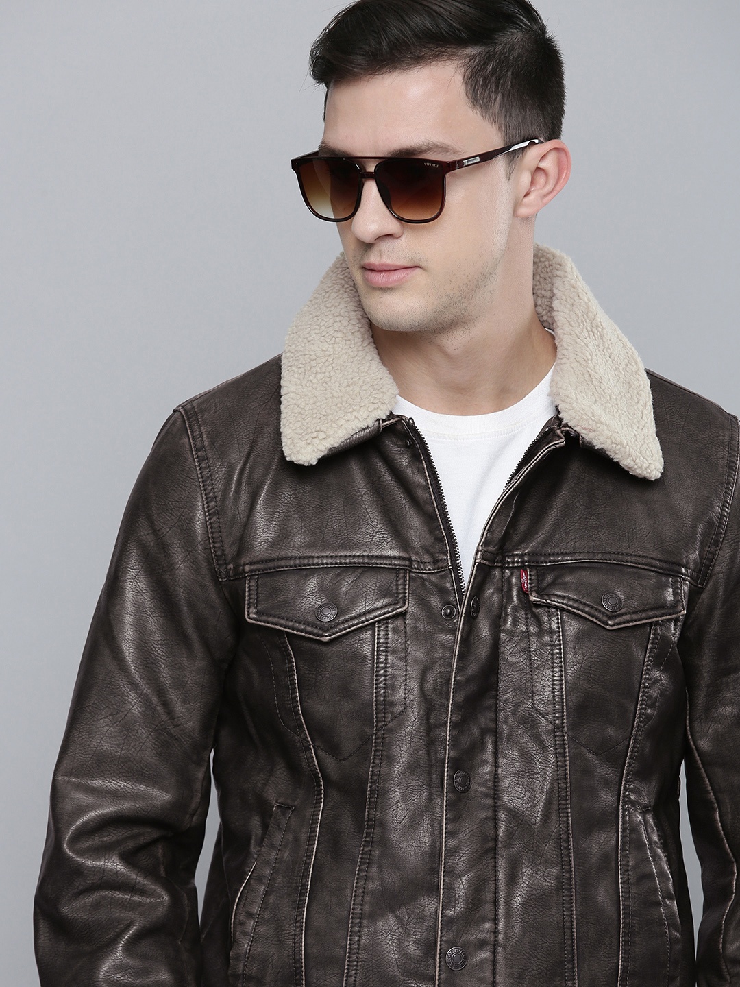 

Levis Men Brown Solid Leather Jacket With Faux Fur Collar