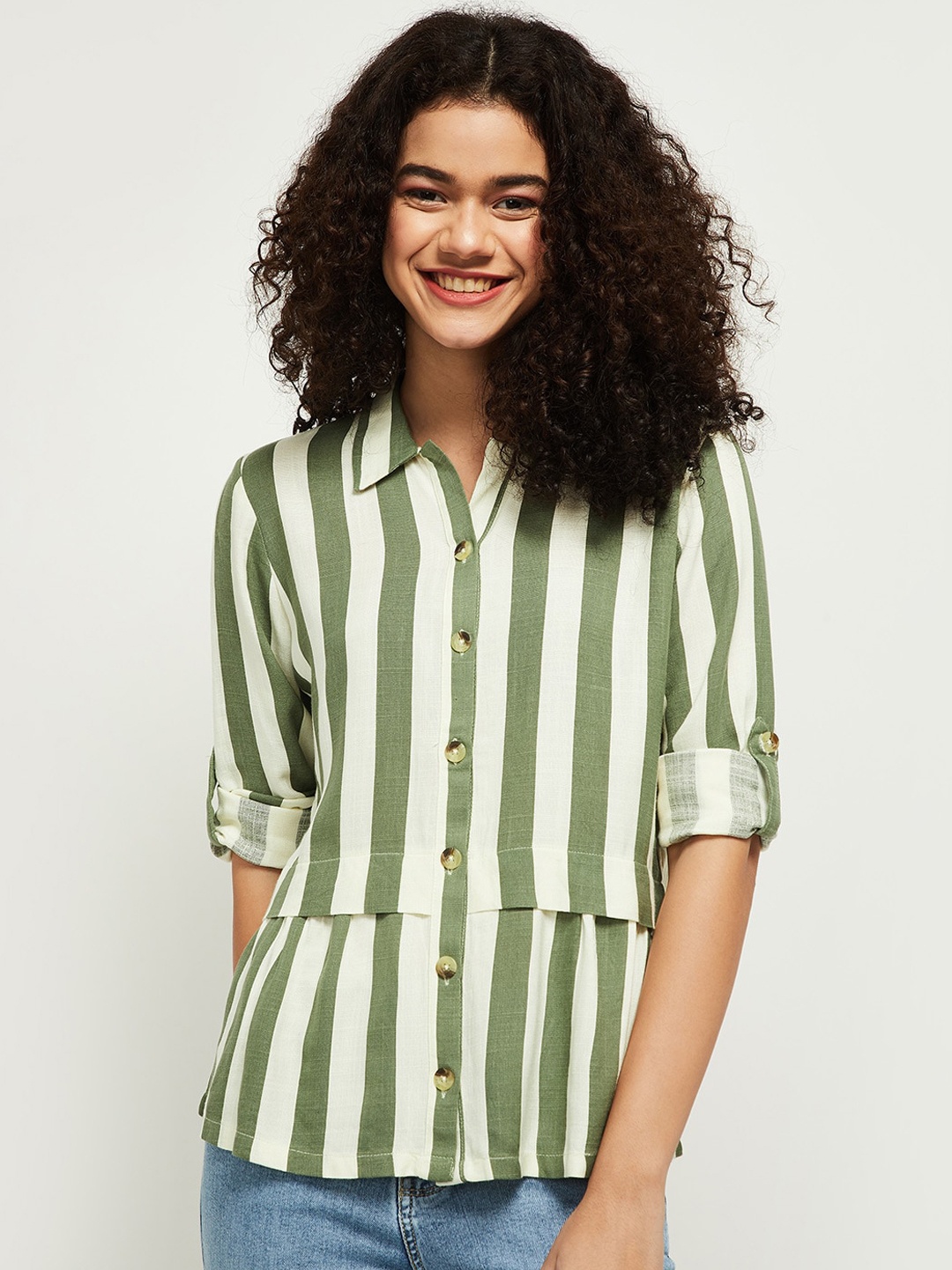 

max Women Olive Green Opaque Striped Casual Shirt