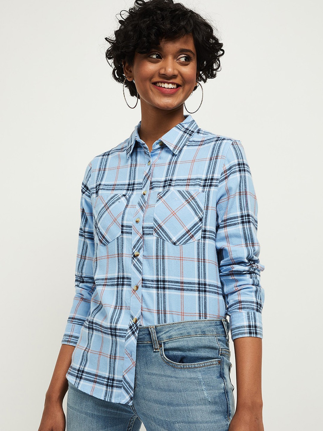 

max Women Blue Opaque Checked Casual Shirt