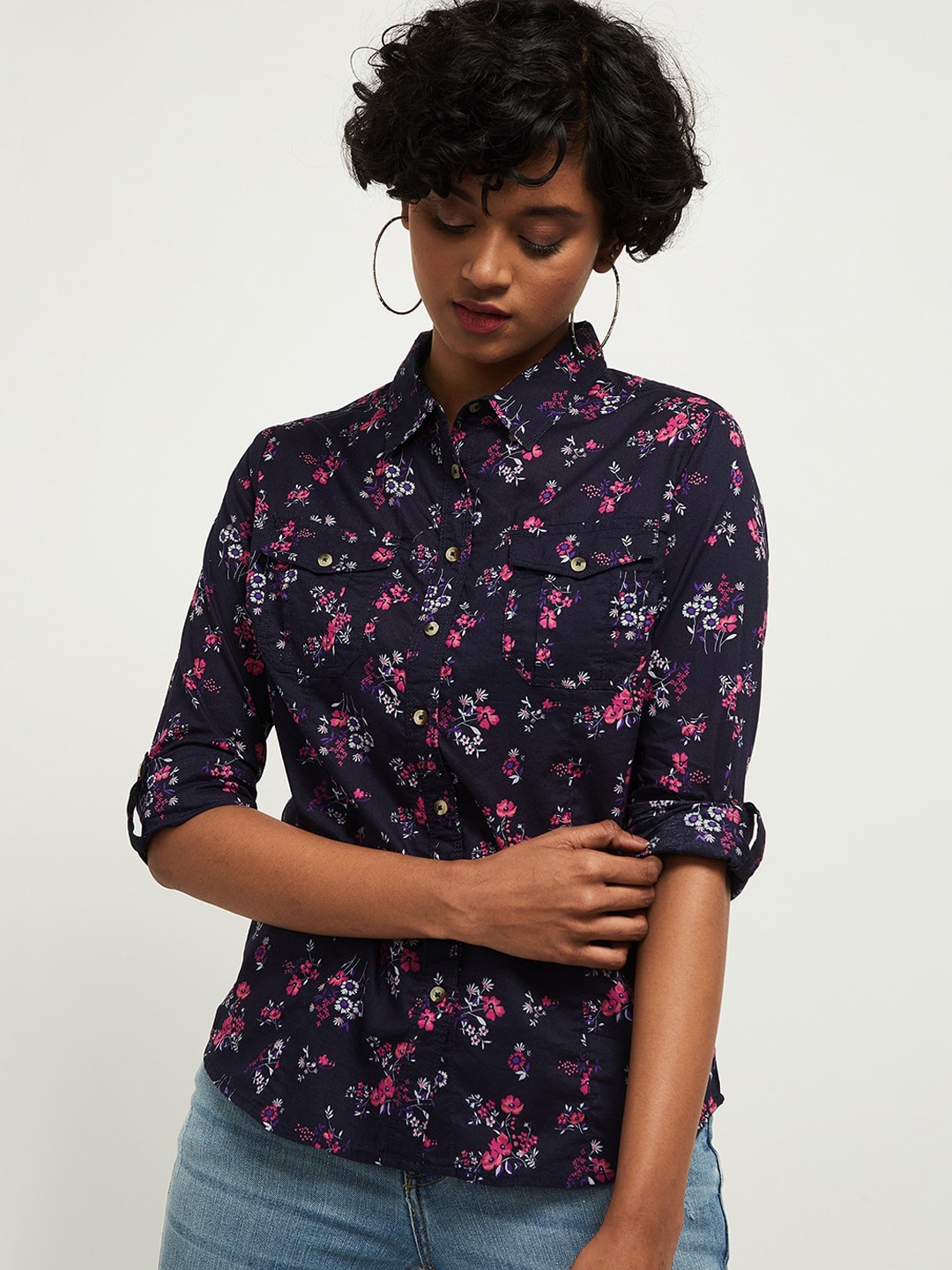 

max Women Navy Blue Floral Printed Casual Shirt
