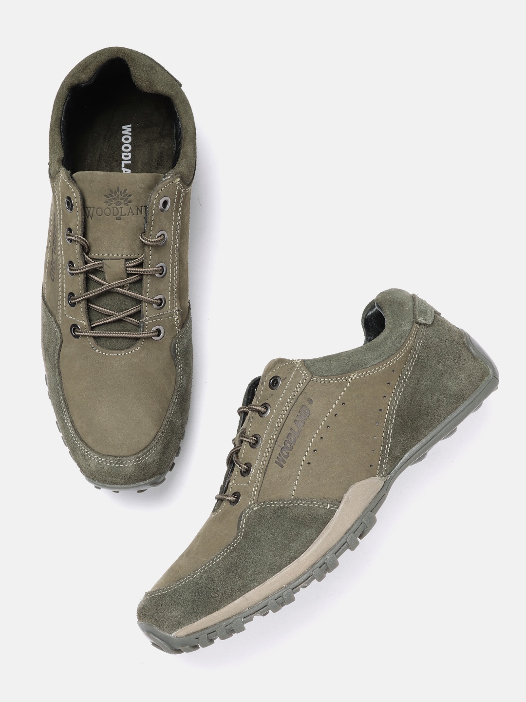 

Woodland Men Olive Green Solid Leather Driving Sneakers with Perforated Detail