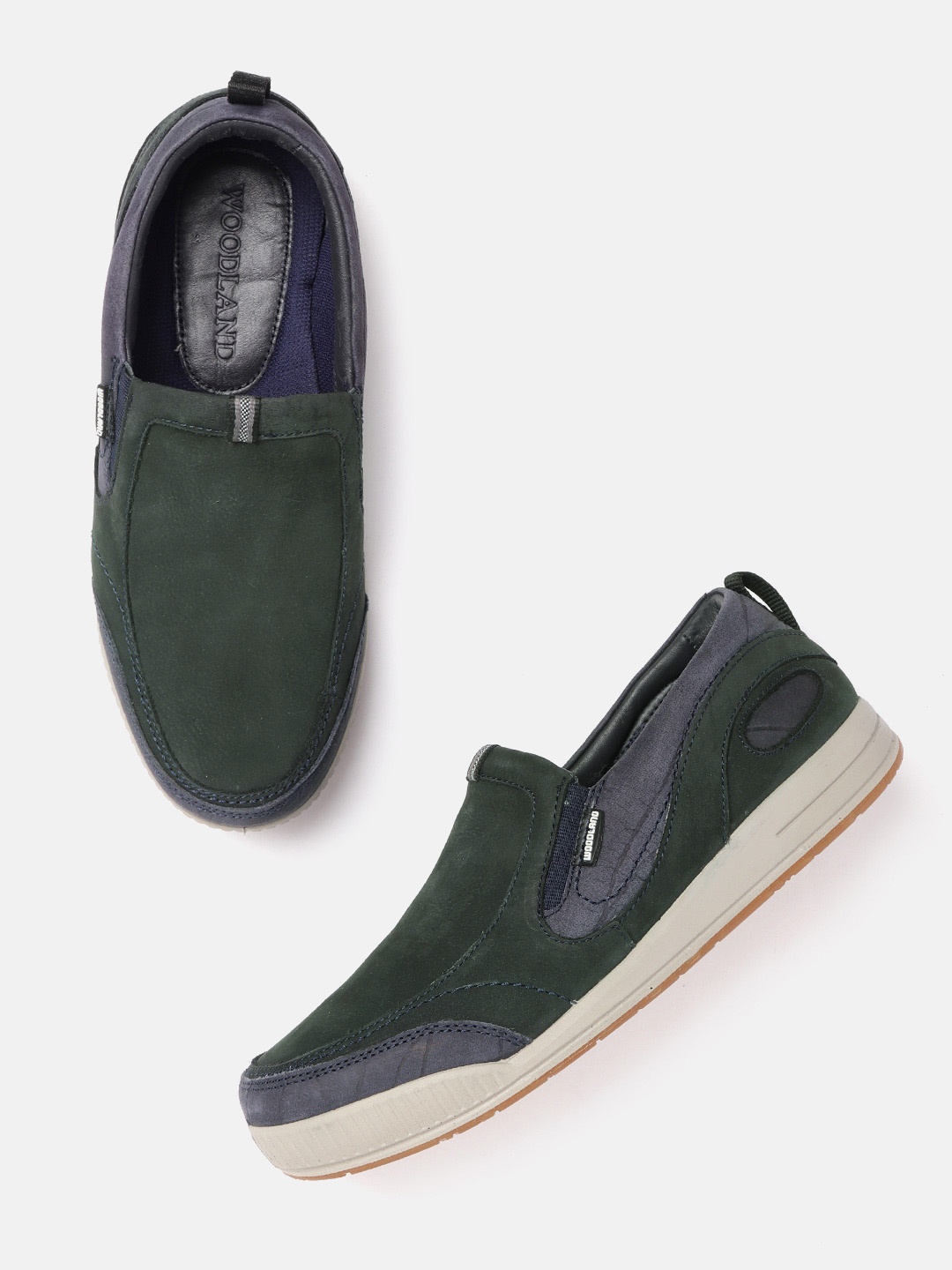 

Woodland Men Green & Navy Blue Colourblocked Slip-Ons