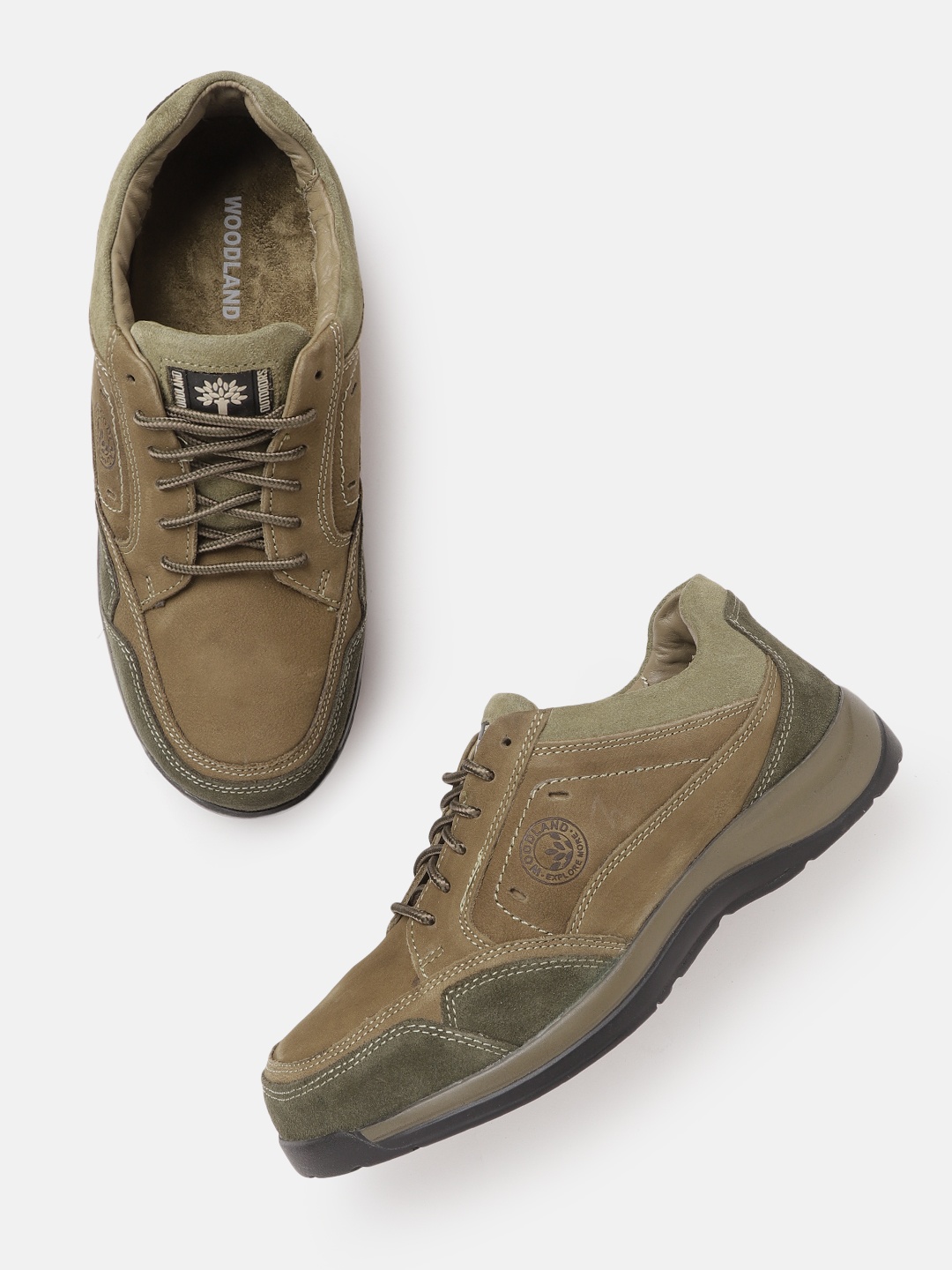 

Woodland Men Khaki & Green Colourblocked Leather Sneakers