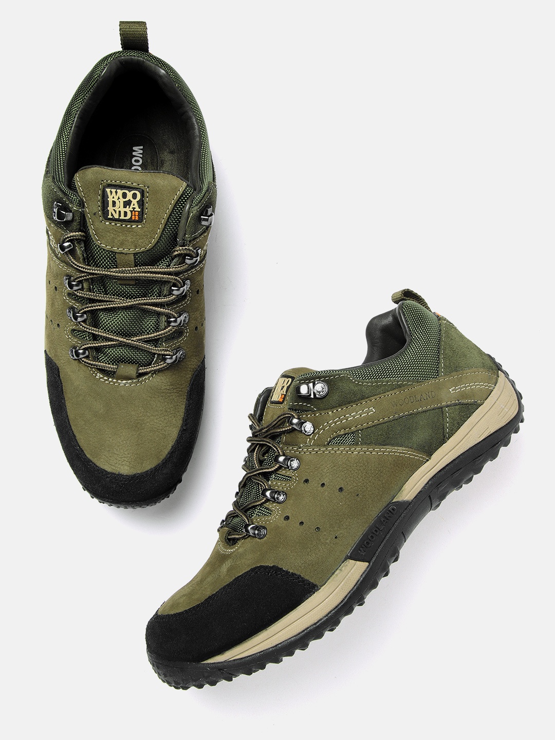 

Woodland Men Olive Green Solid Leather Sneakers