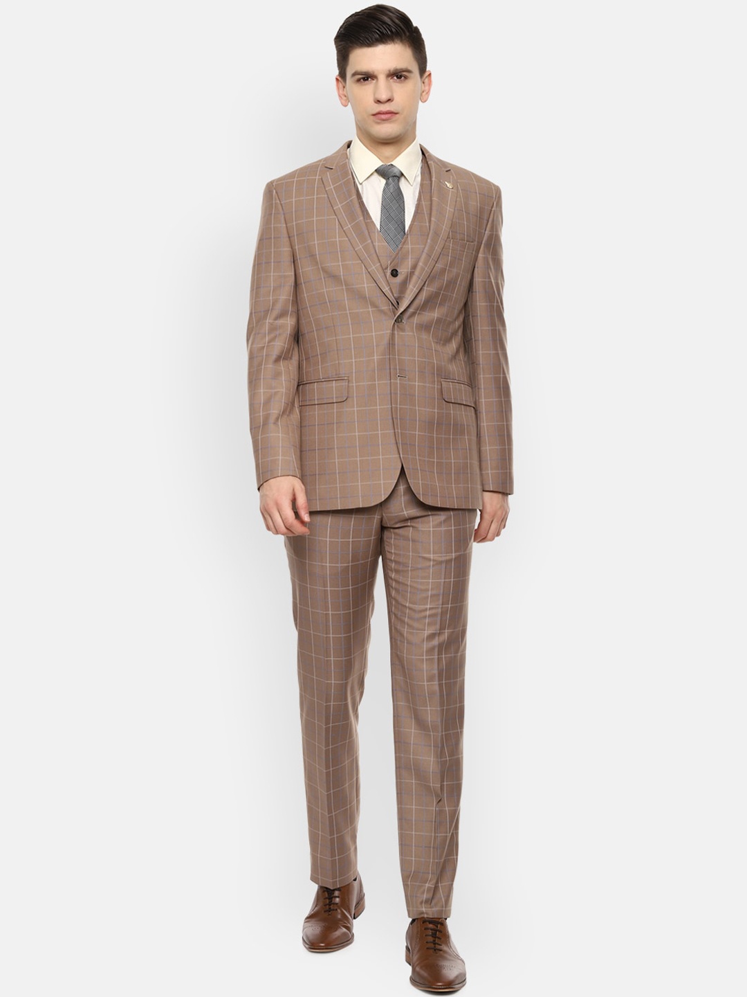 

Van Heusen Khaki Brown Checked Single Breasted 3 Piece Suit