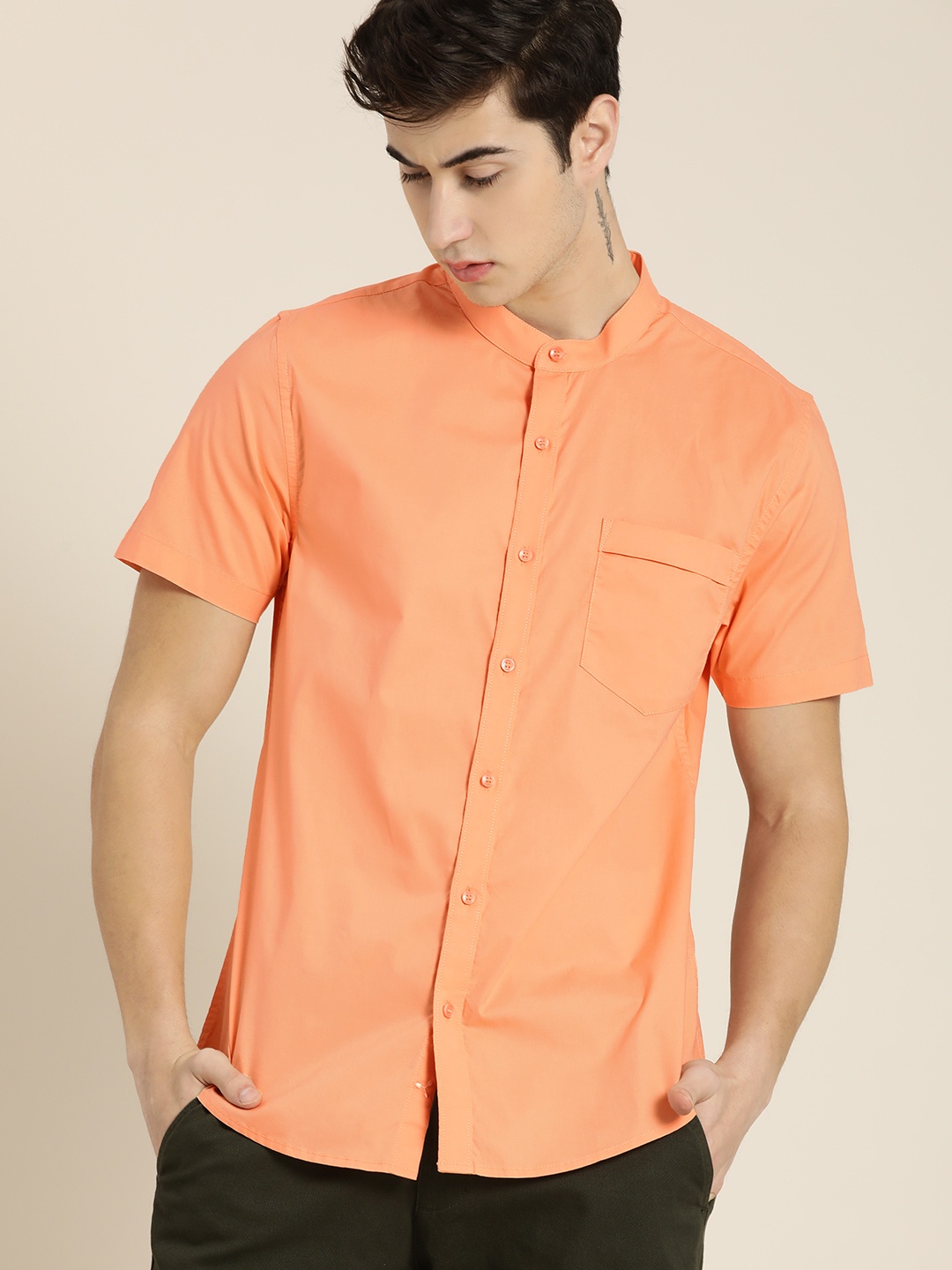 

ether Men Peach-Coloured Solid Slim Fit Casual Shirt