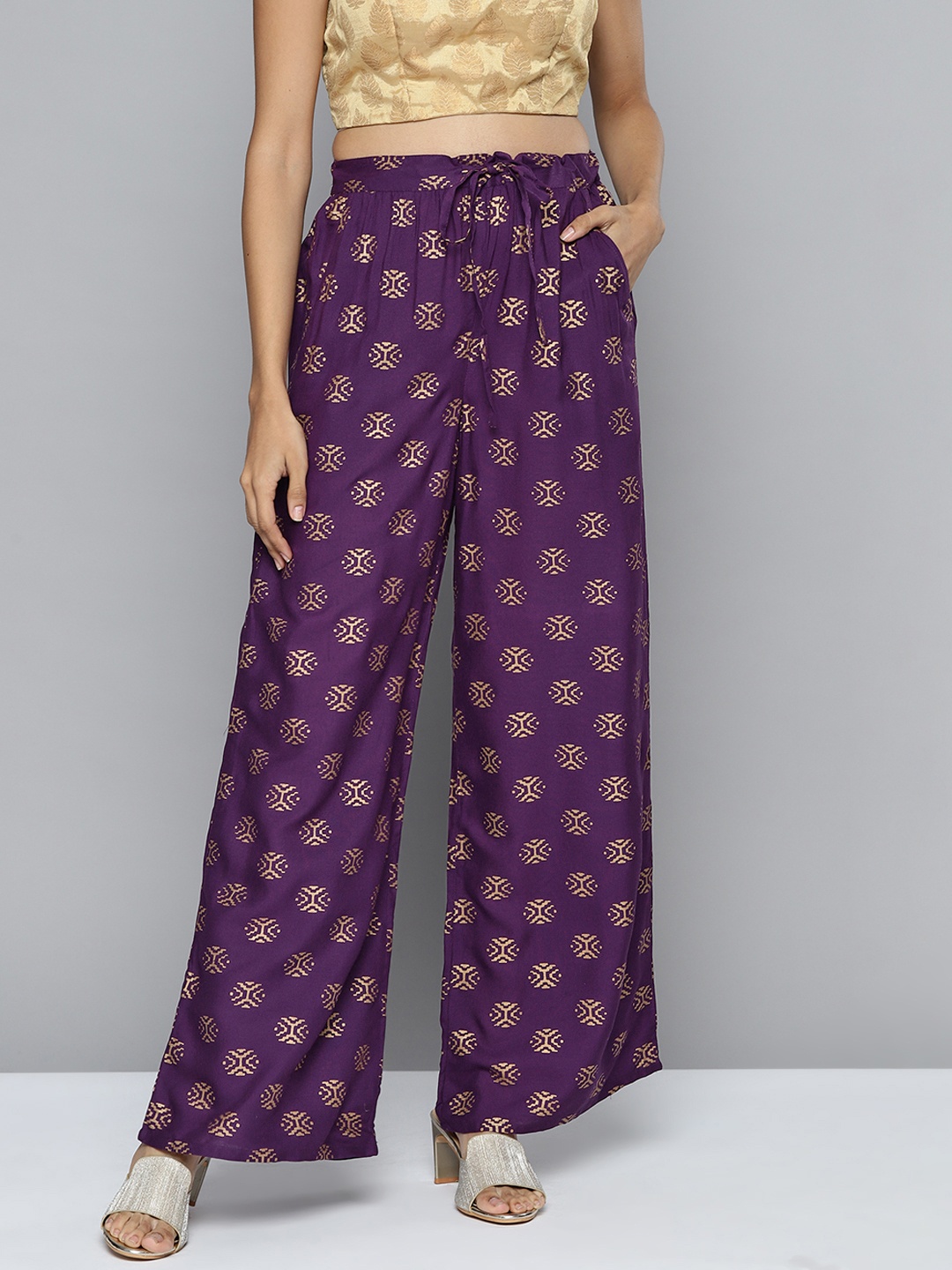 

HERE&NOW Women Purple & Golden Printed Ethnic Palazzos
