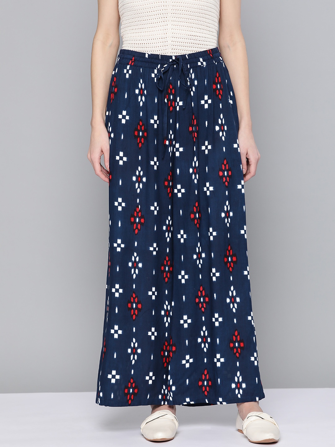 

HERE&NOW Women Navy Blue & White Flared Ethnic Palazzos