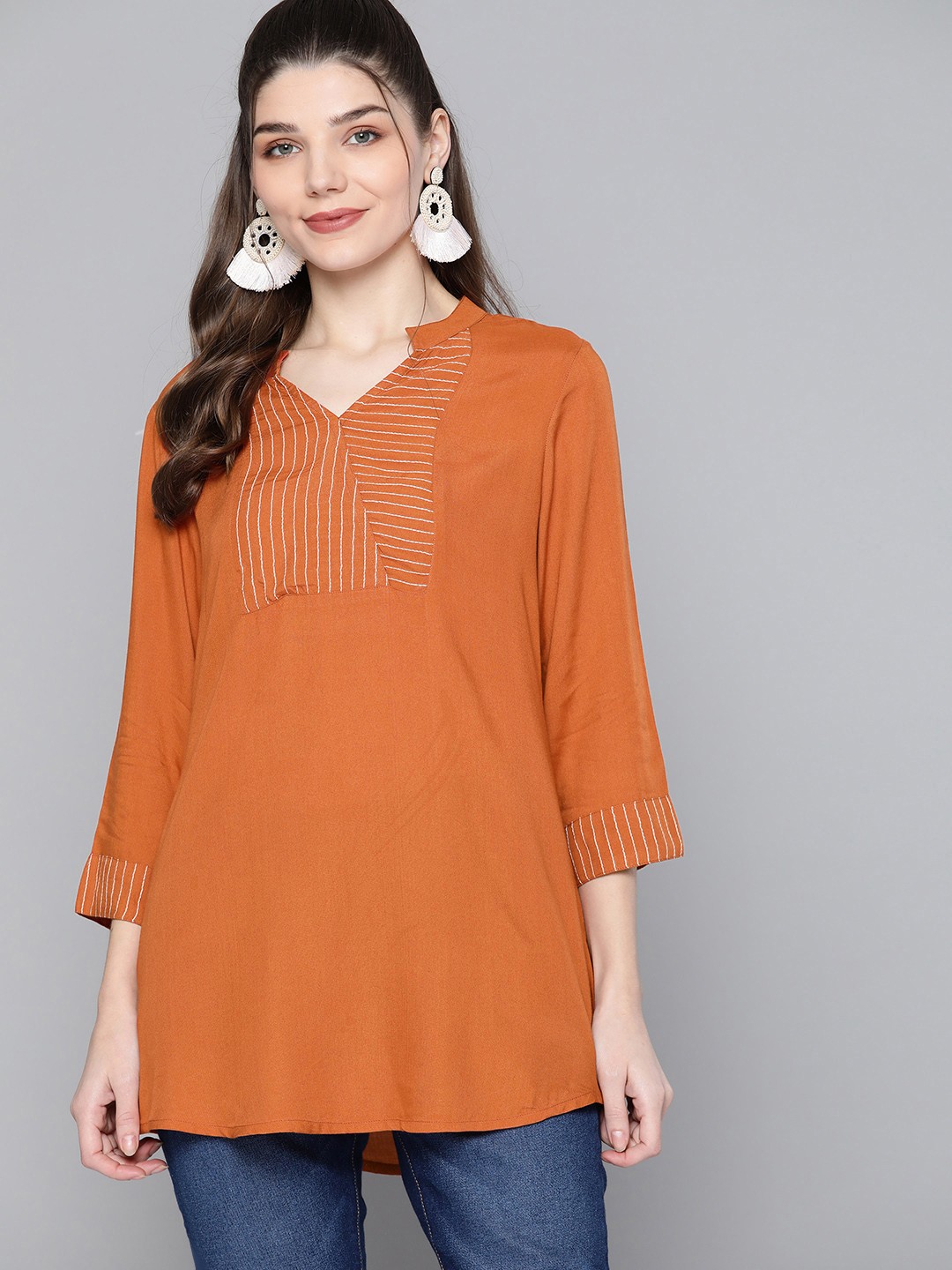 HERE&NOW Women Rust Brown Yoke Design Thread Work Kurti