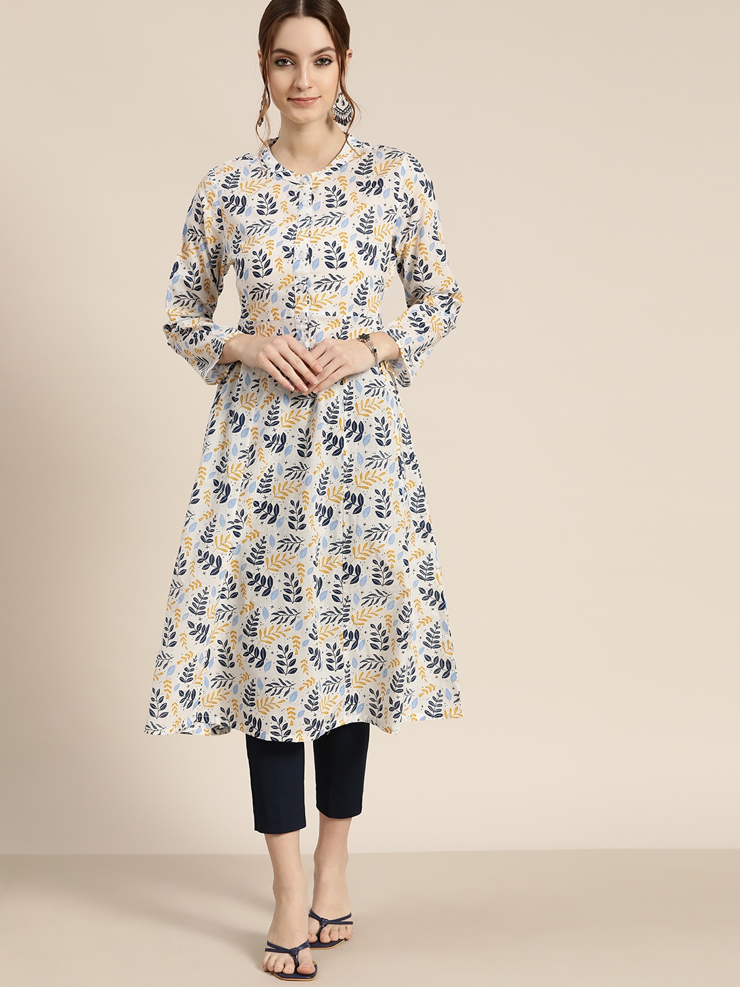 

Moda Rapido Women White & Blue Pure Cotton Ethnic Motifs Printed A-Line Kurta