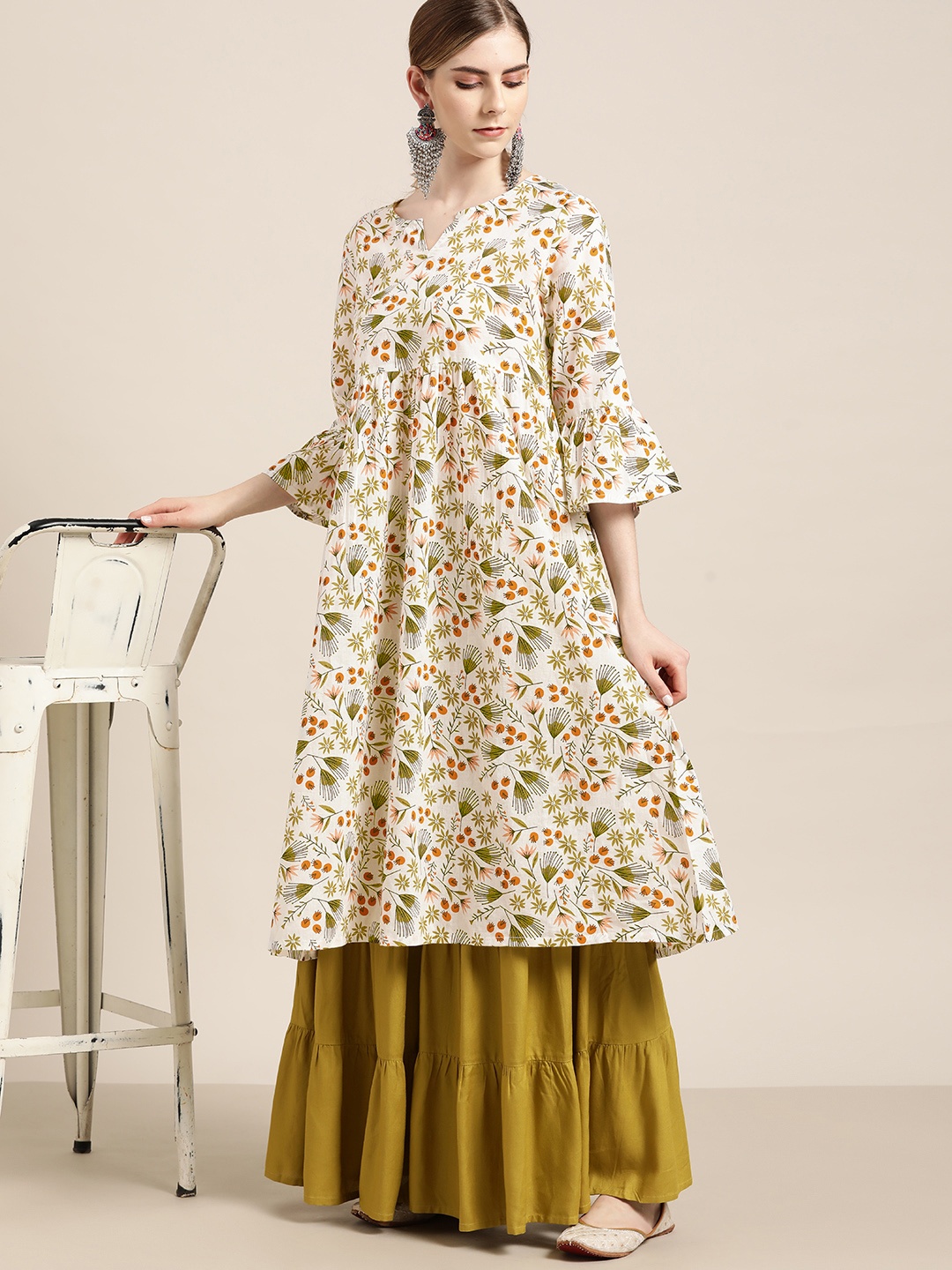 

Moda Rapido Women White & Olive Green Floral Print Cotton Pleated A-Line Kurta