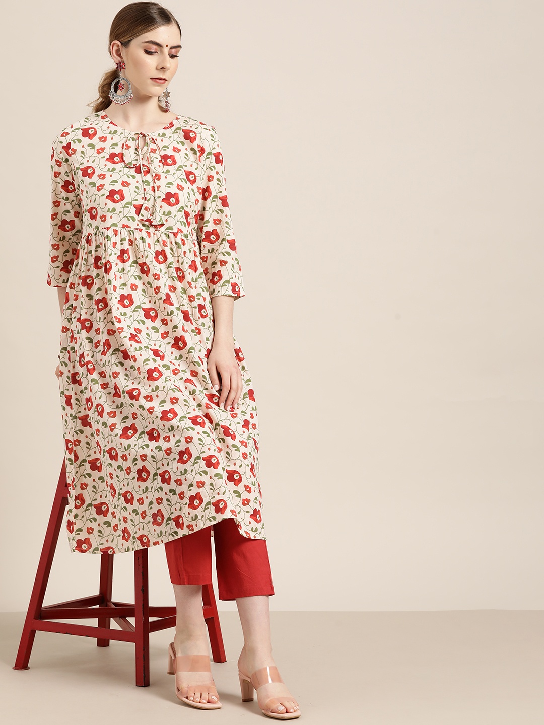 

Moda Rapido Women Off-White & Red Floral Printed Pleated Cotton A-line Kurta with Tie-Ups