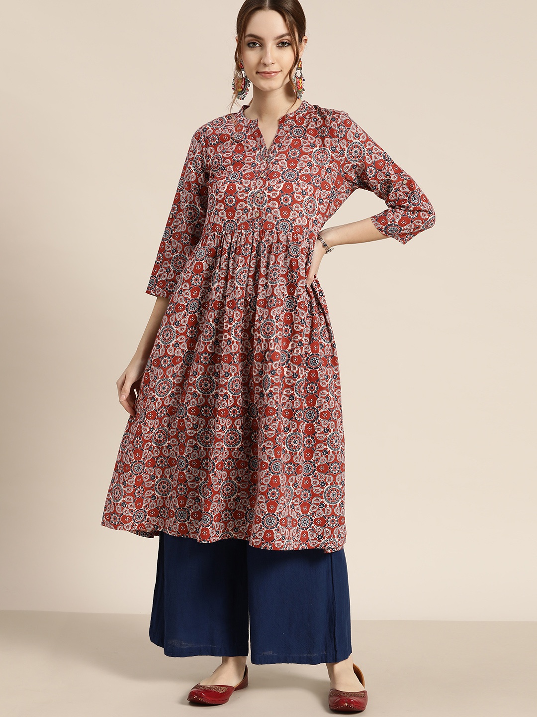 

Moda Rapido Women Maroon & Navy Blue Pure Cotton Ethnic Motifs Printed A-Line Kurta