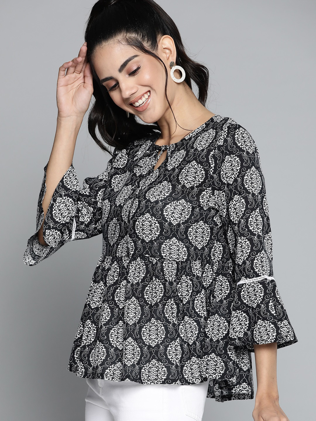 

HERE&NOW Black & White Ethnic Printed Tie-Up Neck Top