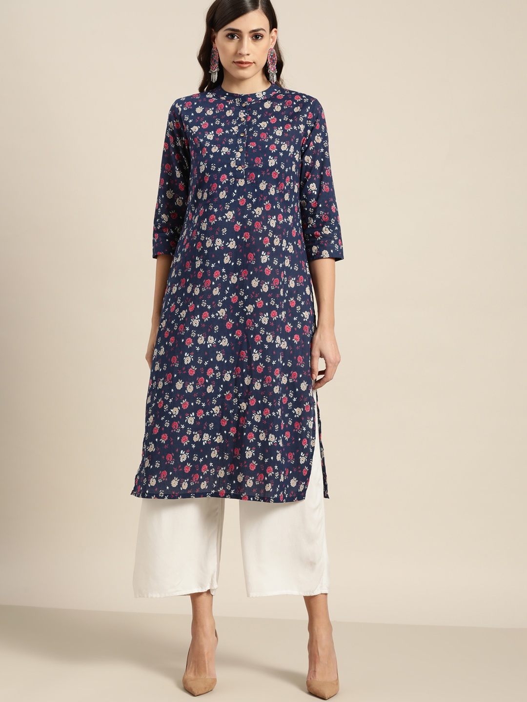 

Moda Rapido Women Navy Blue & Pink Pure Cotton Floral Printed Kurta