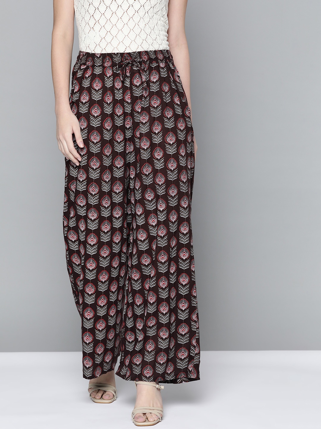 

HERE&NOW Women Brown & White Ethnic Motifs Printed Palazzos
