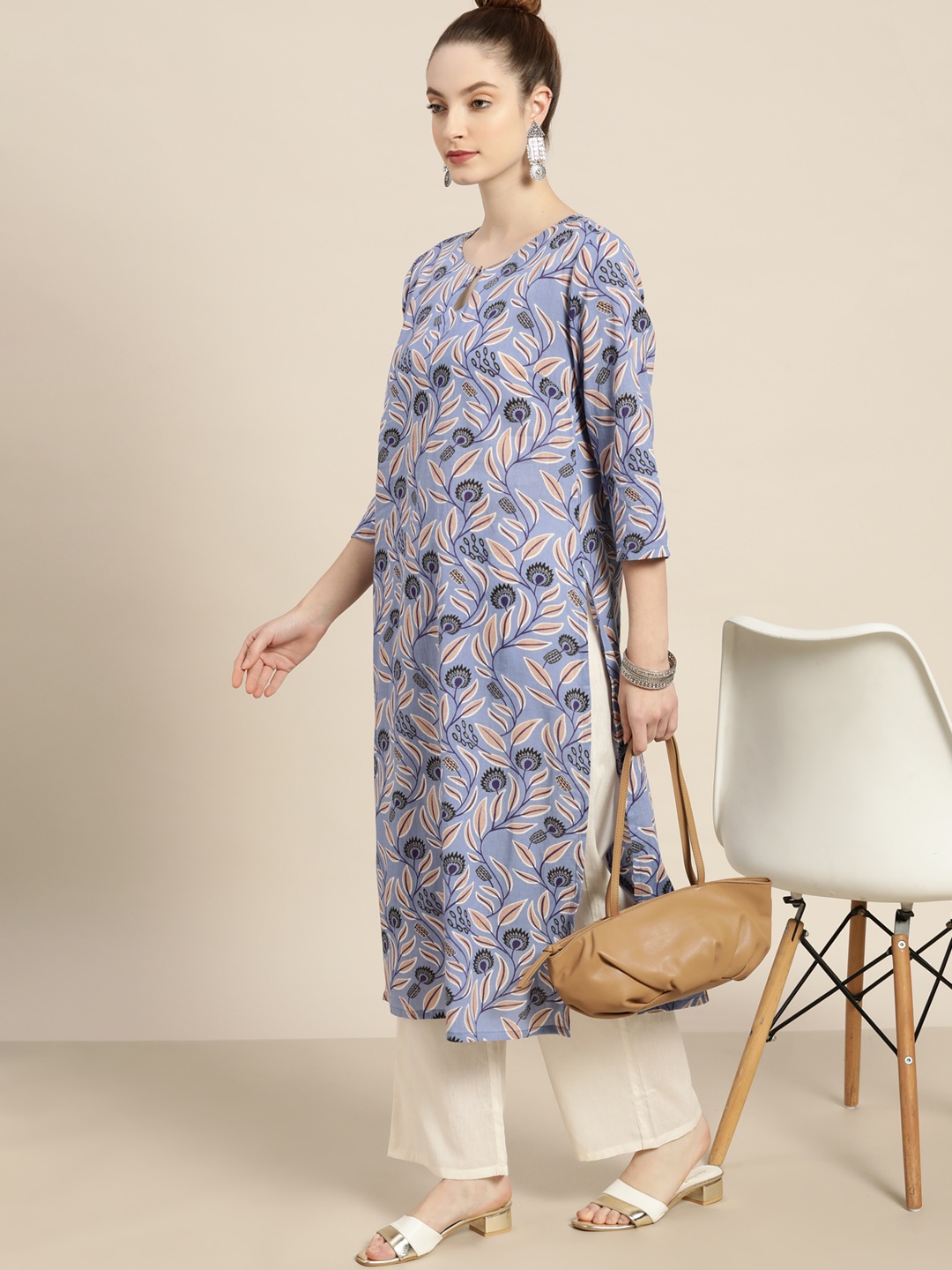 

Moda Rapido Women Blue & Beige Pure Cotton Floral Print Kurta
