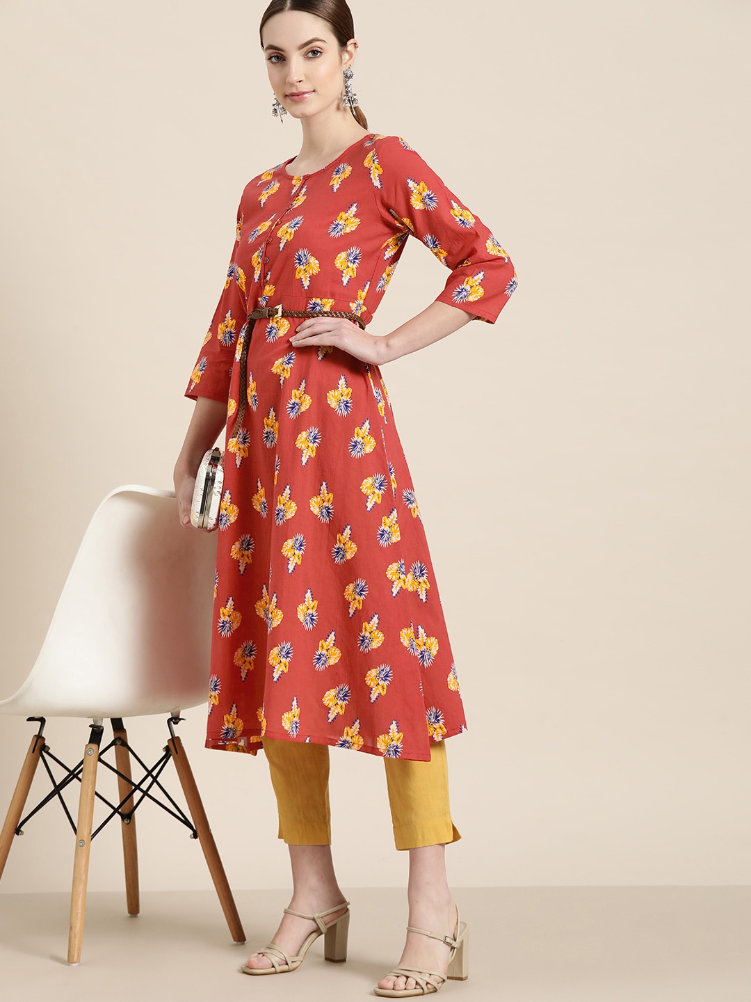 

Moda Rapido Women Red & Yellow Pure Cotton Floral Print A-Line Kurta