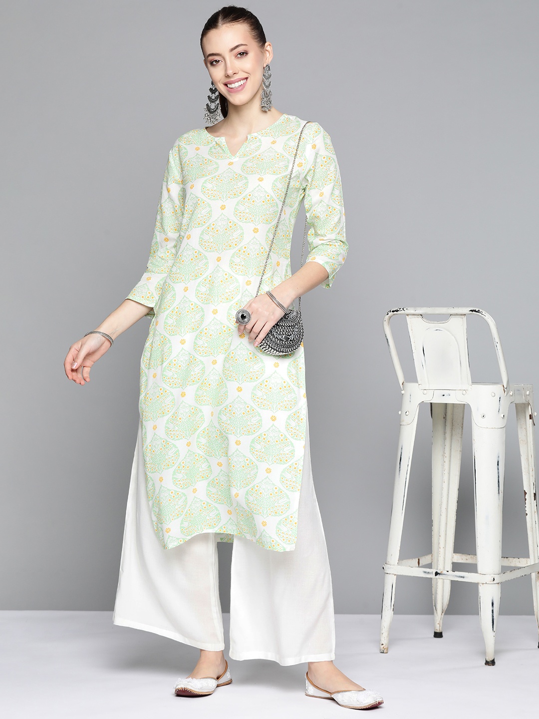 

HERE&NOW Women Off White & Green Ethnic Motifs Printed Kurta with Palazzos