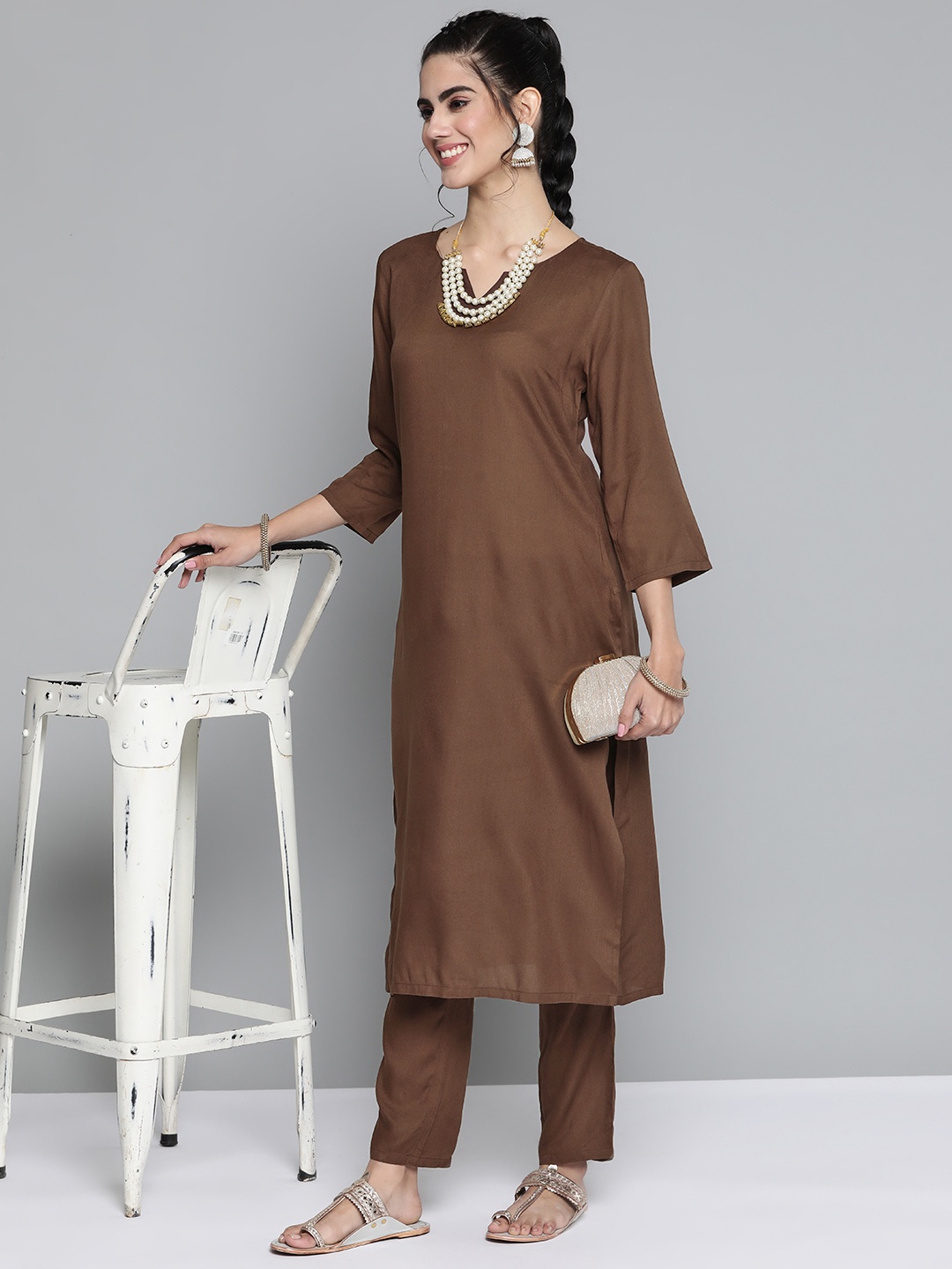 

HERE&NOW Women Brown Solid Kurta with Trousers