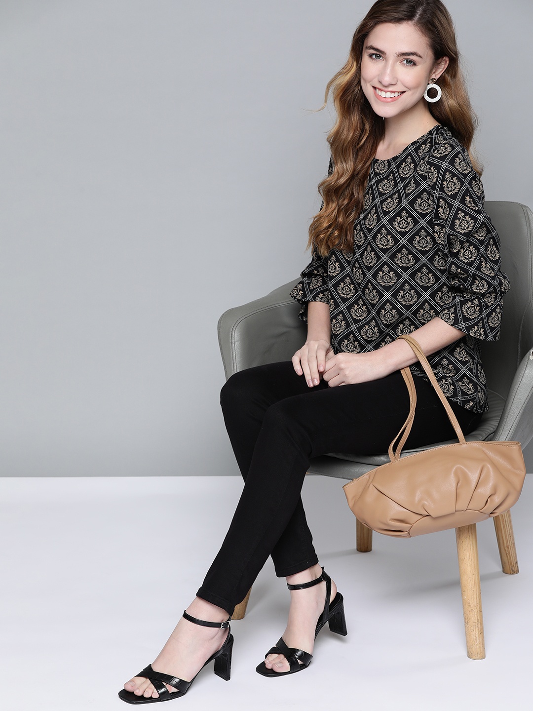 

HERE&NOW Black & Beige Printed Top