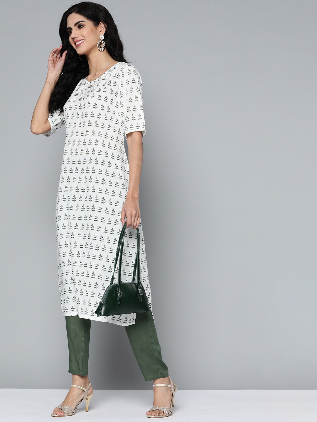 

HERE&NOW Women White & Olive Green Floral Printed Kurta with Trousers