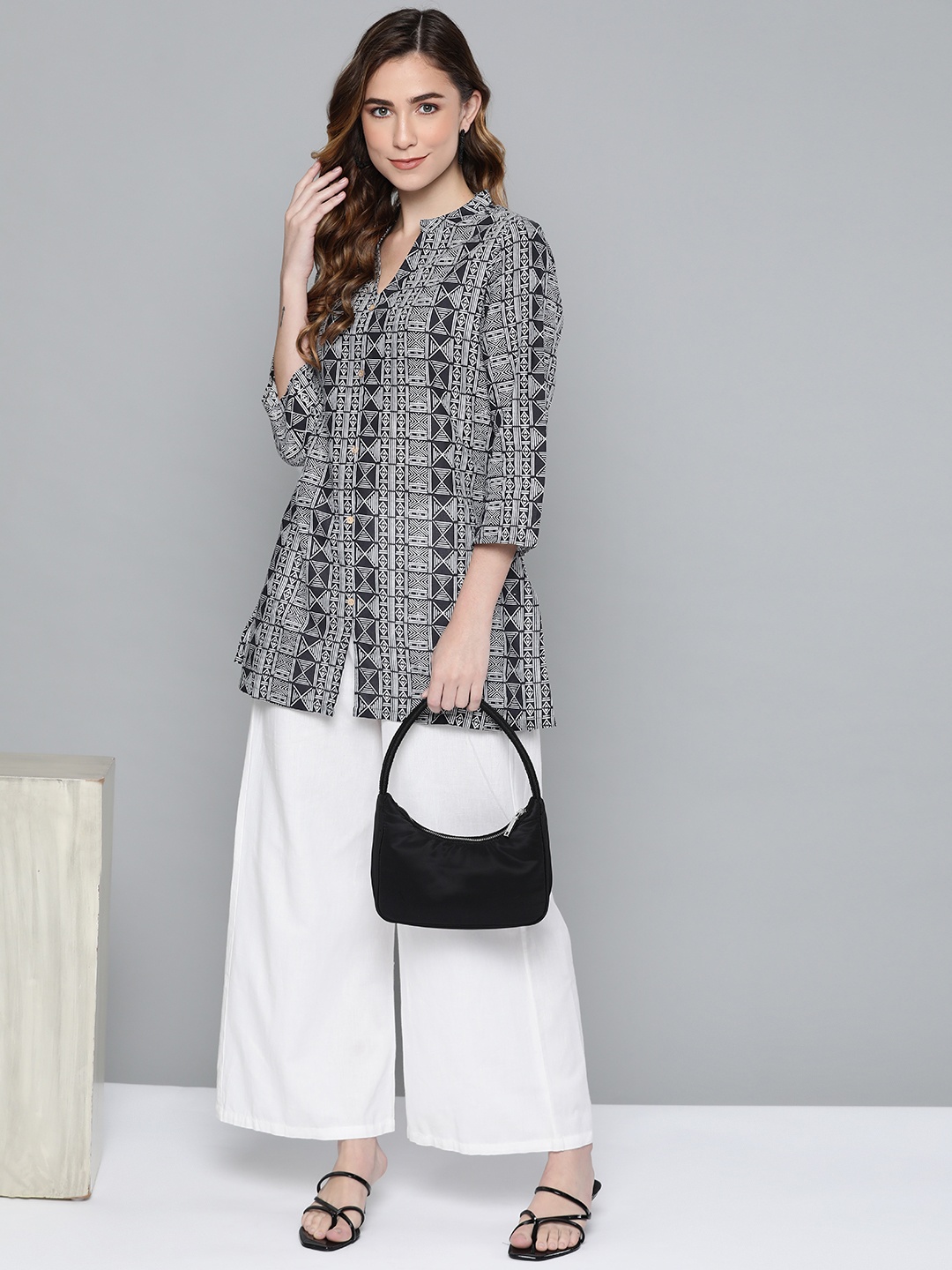 

HERE&NOW Black & White Geometric Print Shirt Collar Pure Cotton Kurti