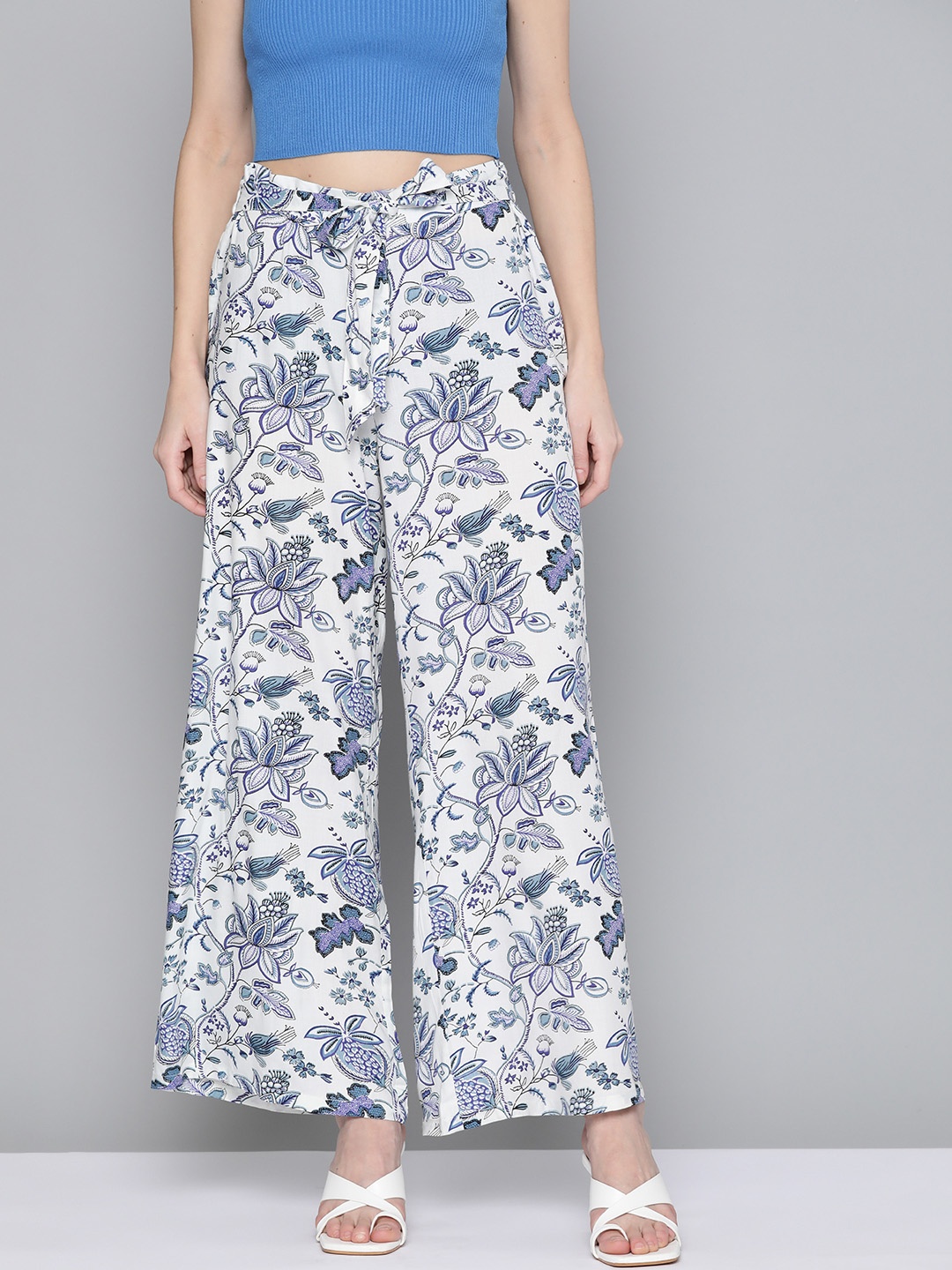 

HERE&NOW Women White & Blue Floral Printed Flared Palazzos