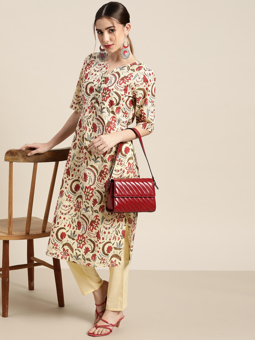 

Moda Rapido Women Beige & Rust Red Floral Printed Pure Cotton Kurta with Trousers