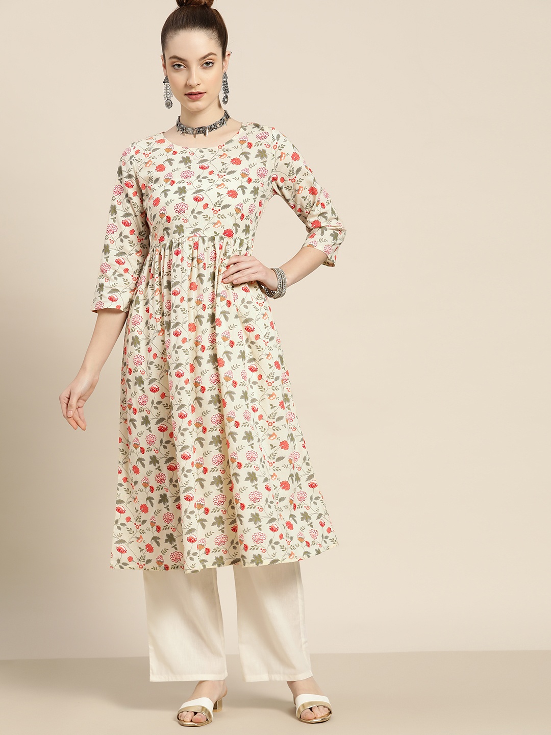 

Moda Rapido Women Cream-Coloured & Red Pure Cotton Floral Print Kurta