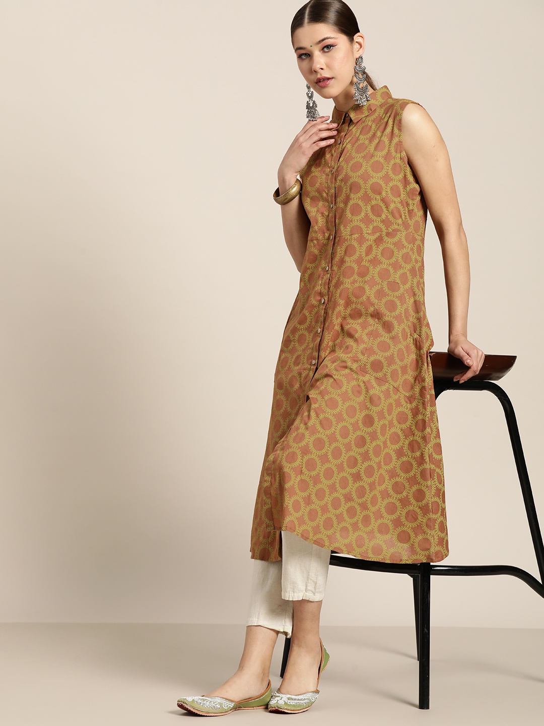 

Moda Rapido Women Brown & Green Ethnic Motifs Printed Pure Cotton A-Line Kurta