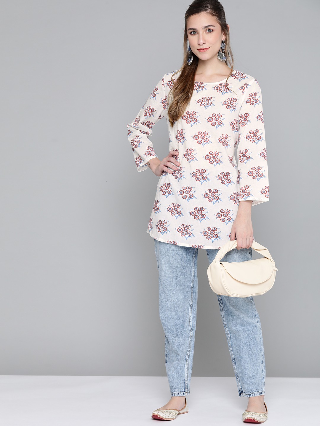 

HERE&NOW White & Pink Ethnic Motifs Printed Pure Cotton Kurti