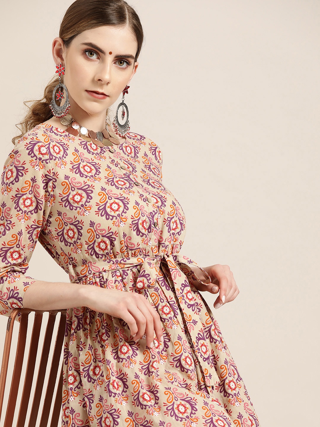 

Moda Rapido Women Beige & Purple Pure Cotton Ethnic Motifs Printed Kurta with Belt