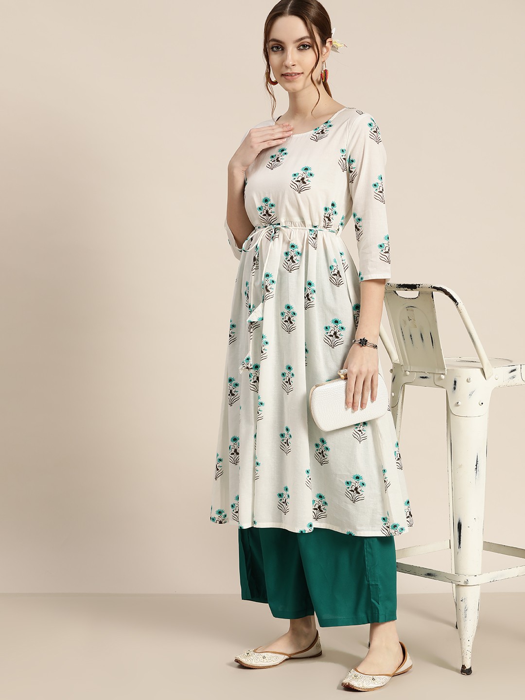 

Moda Rapido Women White & Green Pure Cotton Ethnic Motifs Printed A-Line Kurta